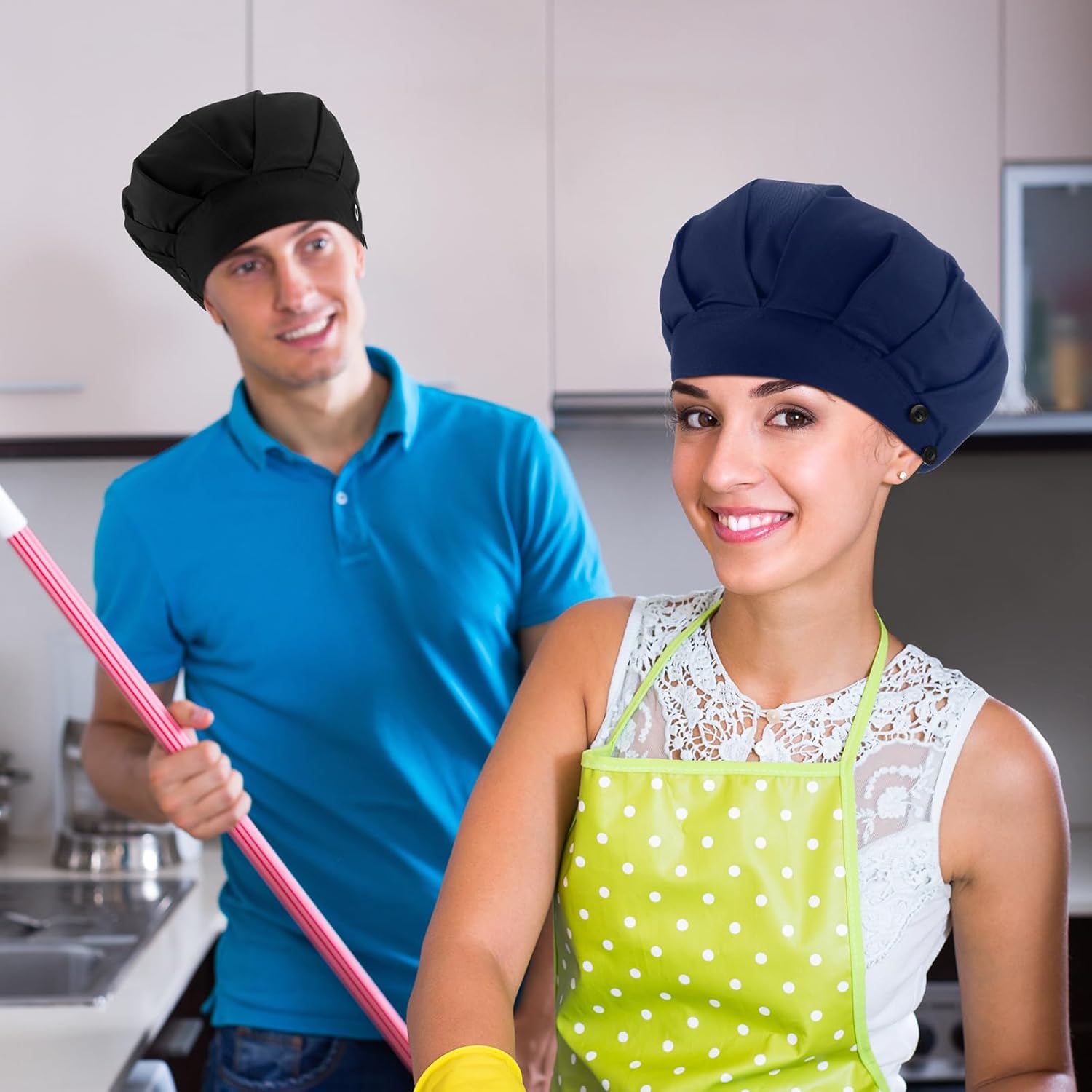 4 Pieces Bouffant Caps with Button and Sweatband Adjustable Nurse Working Hat Elastic Band Scrub Cap for Women Men - Image 5