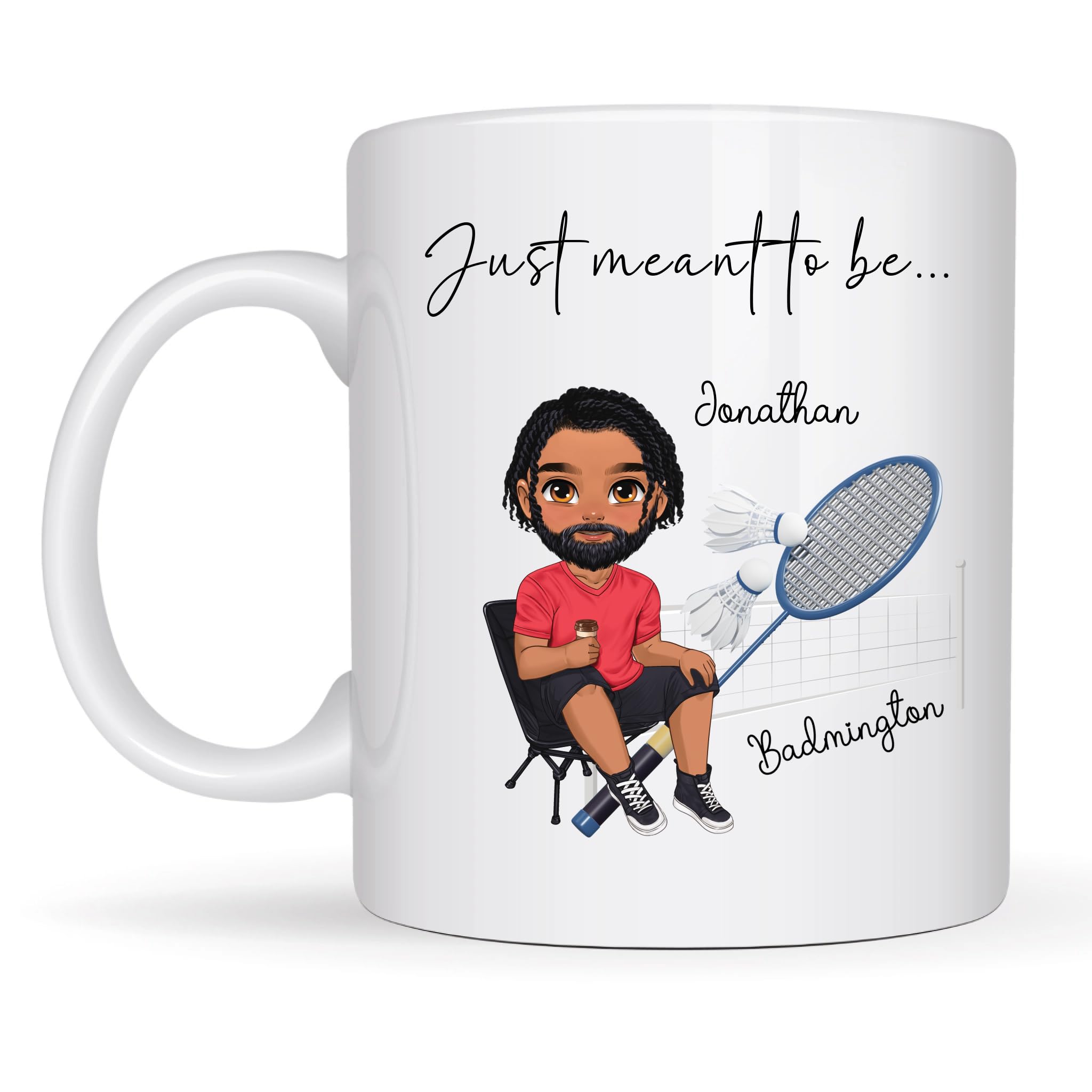 Personalised Badminton Mug for Dad, Grandad, Friend – Funny Chibi Character Design – Custom Hobby Gift for Men – Birthday or Father’s Day Present