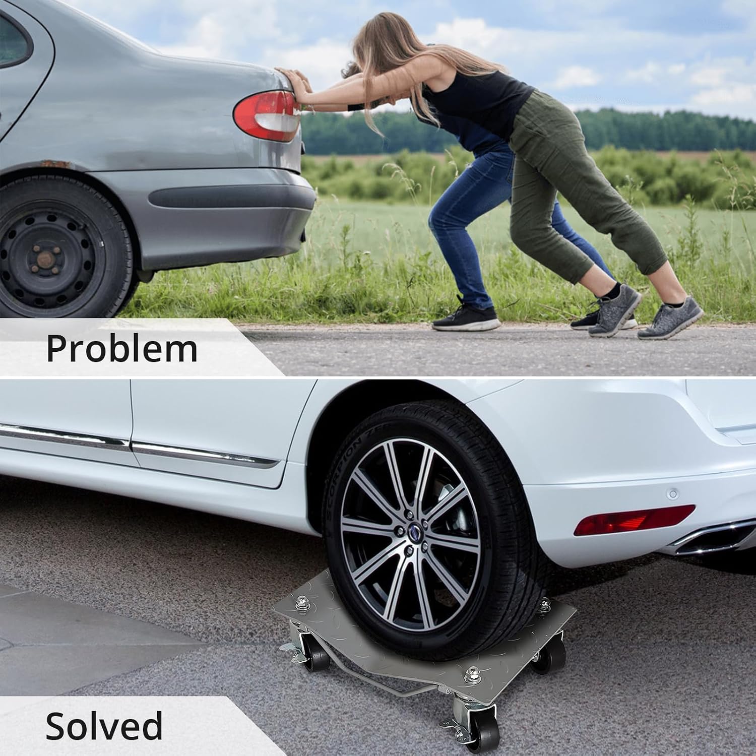[3000 lbs] Tire Wheel Dolly Car Set of 2, Heavy Duty Carbon Steel Car Mover with Antiskid Plate & 360 Degree Rotatable Wheel, 16"*12", Silver