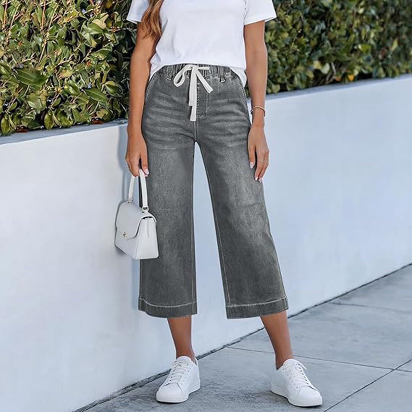 Pantalon, Capri D'Été Décontracté, Coupe Droite Et Ample, Taille Élastiquée, Style Denim Léger Et Confortable, Facile À Enfiler
