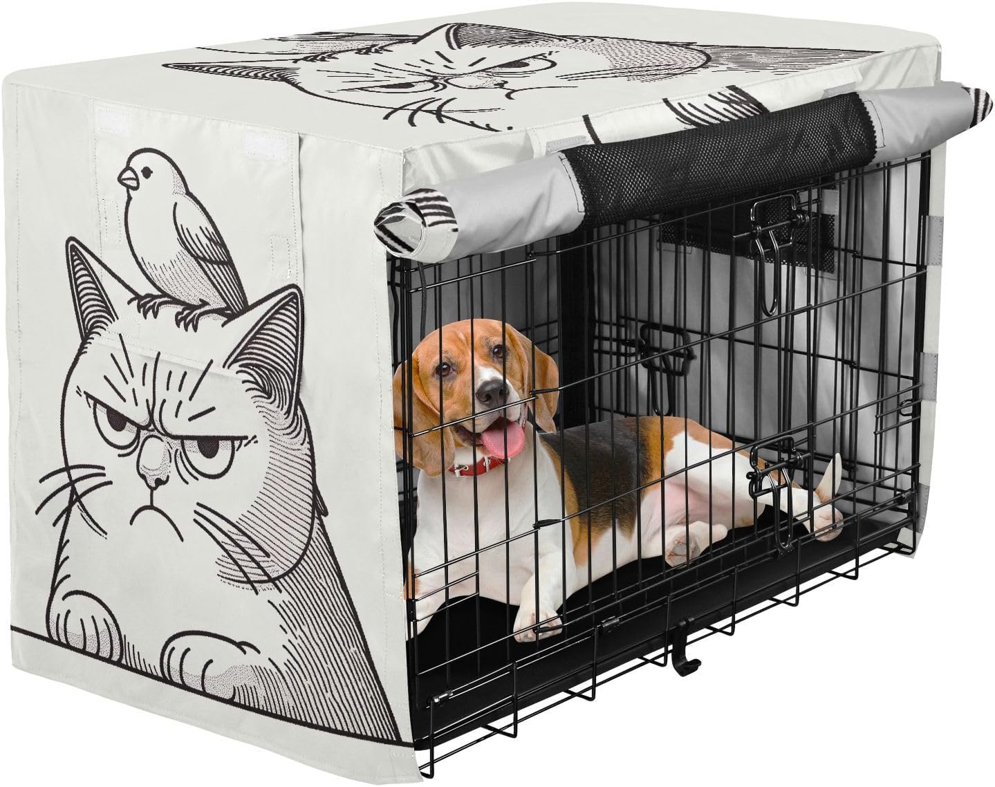 Annoyed Cat with Canary on Head Dog Crate Cover Breathable, S-XL Water-Resistant Crate Cover for Pet Owners, Large