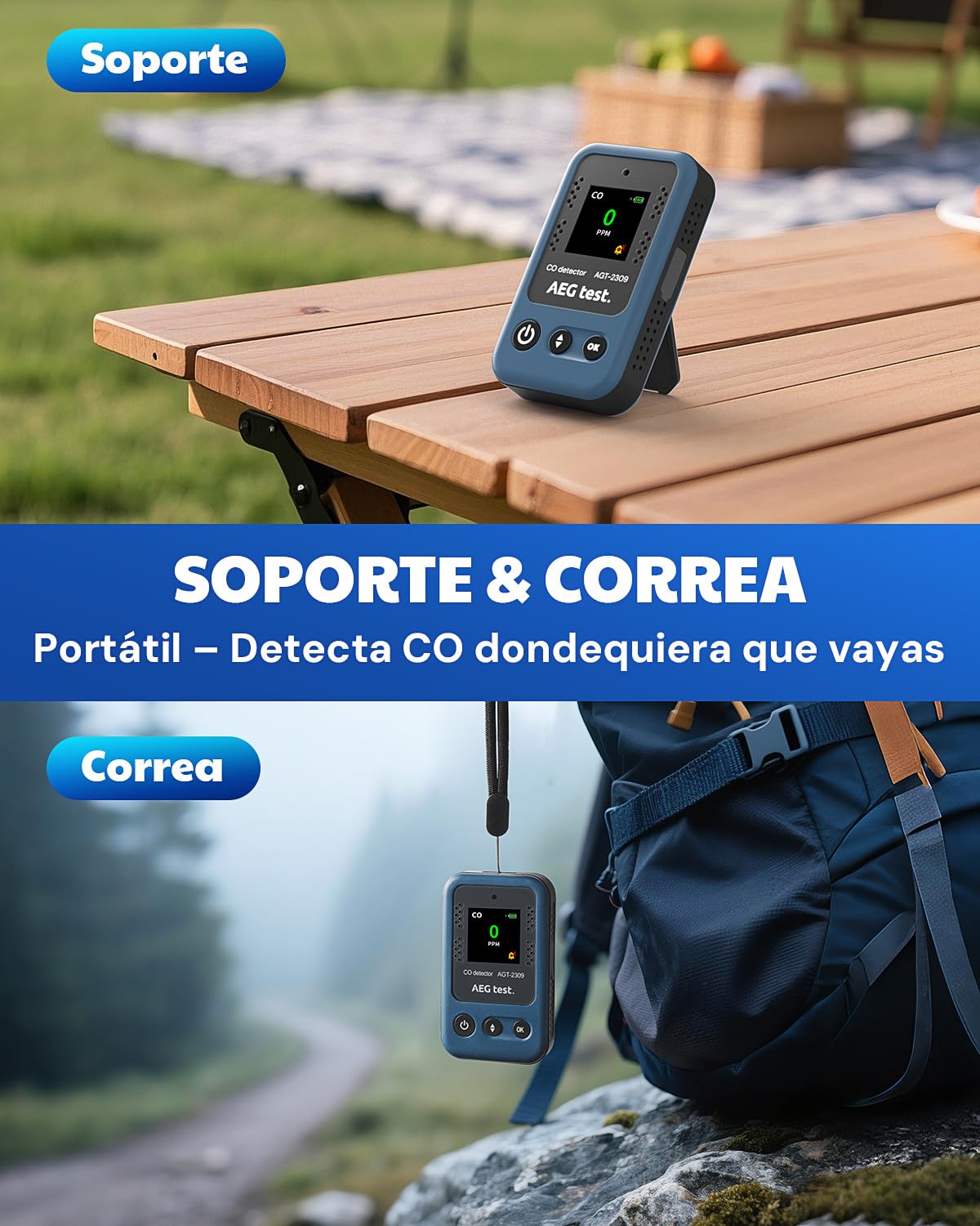 AGT-2309 Detector portátil de monóxido de Carbono, autonomía de 15 días, Mini medidor CO Recargable con cordón para Viajes y Camping, alertas sonoras y visuales, 0–1000 ppm – Azul