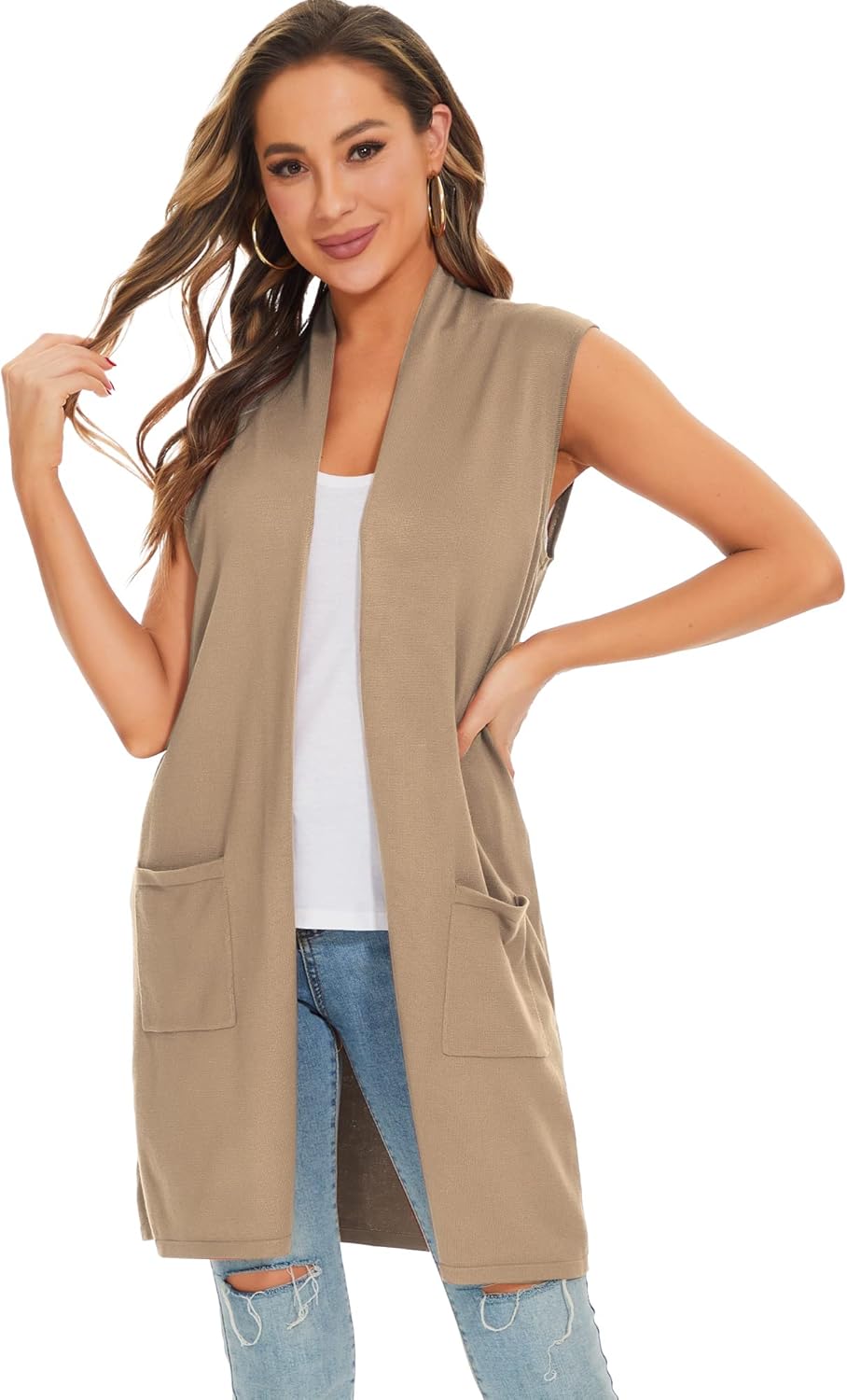 Moss Rose Women's Long Knit Cardigan Vest Casual Sleeveless Open Front Draped Duster Vest (Available in Plus Size) - Image 2