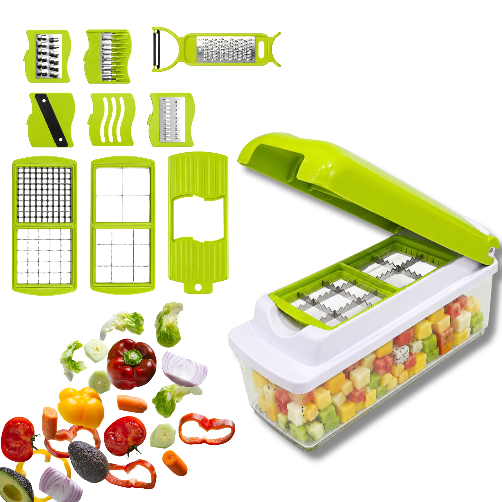 Multi Vegetable Chopper 12-in-1 Kitchen Slicer Dicer Cutter with Container, Interchangeable Blades, Peeler & Grater for Fruits and Vegetables-image-38
