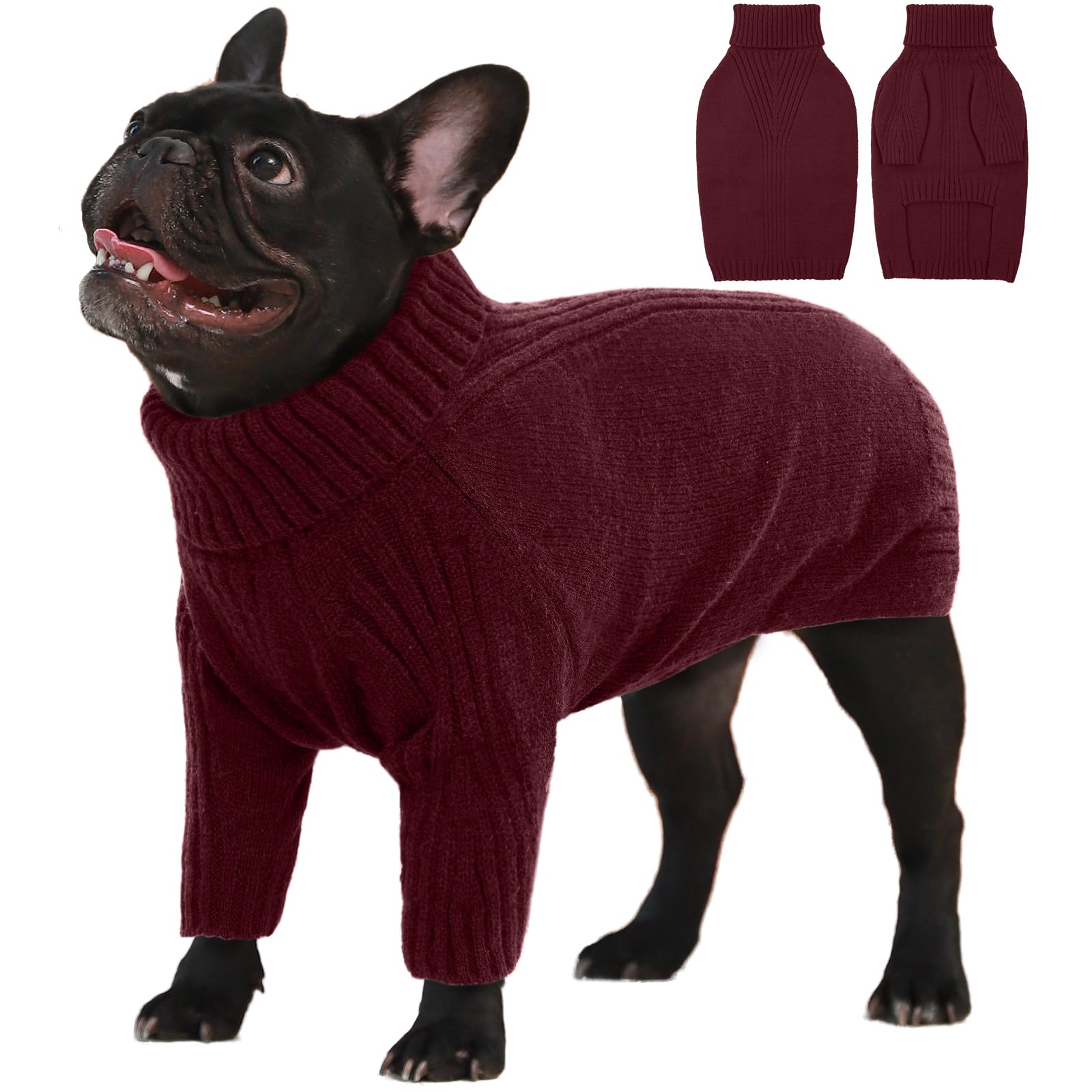 IECOii Large Dog Sweater,Pet Dog Sweaters for Large Dogs Boy,Thanksgiving Fall Doggie Sweatshirt,Turtleneck Thick Warm Girl Dog Sweater,Winter Knitwear Clothes for Corgi,French Bulldog(Wine-Red,L)