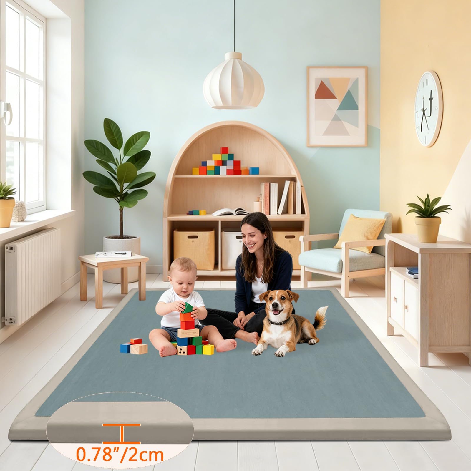 Tapis d'Éveil Antidérapant, 2 CM Épaisseur Tapis d’Éveil et Matelas pour Parc Bébé, Mousse Mémoire Haute Qualité pour Bébé et Enfant Tapis de Jeux, Cadeau bébé Bleu Gris 120 x 120cm