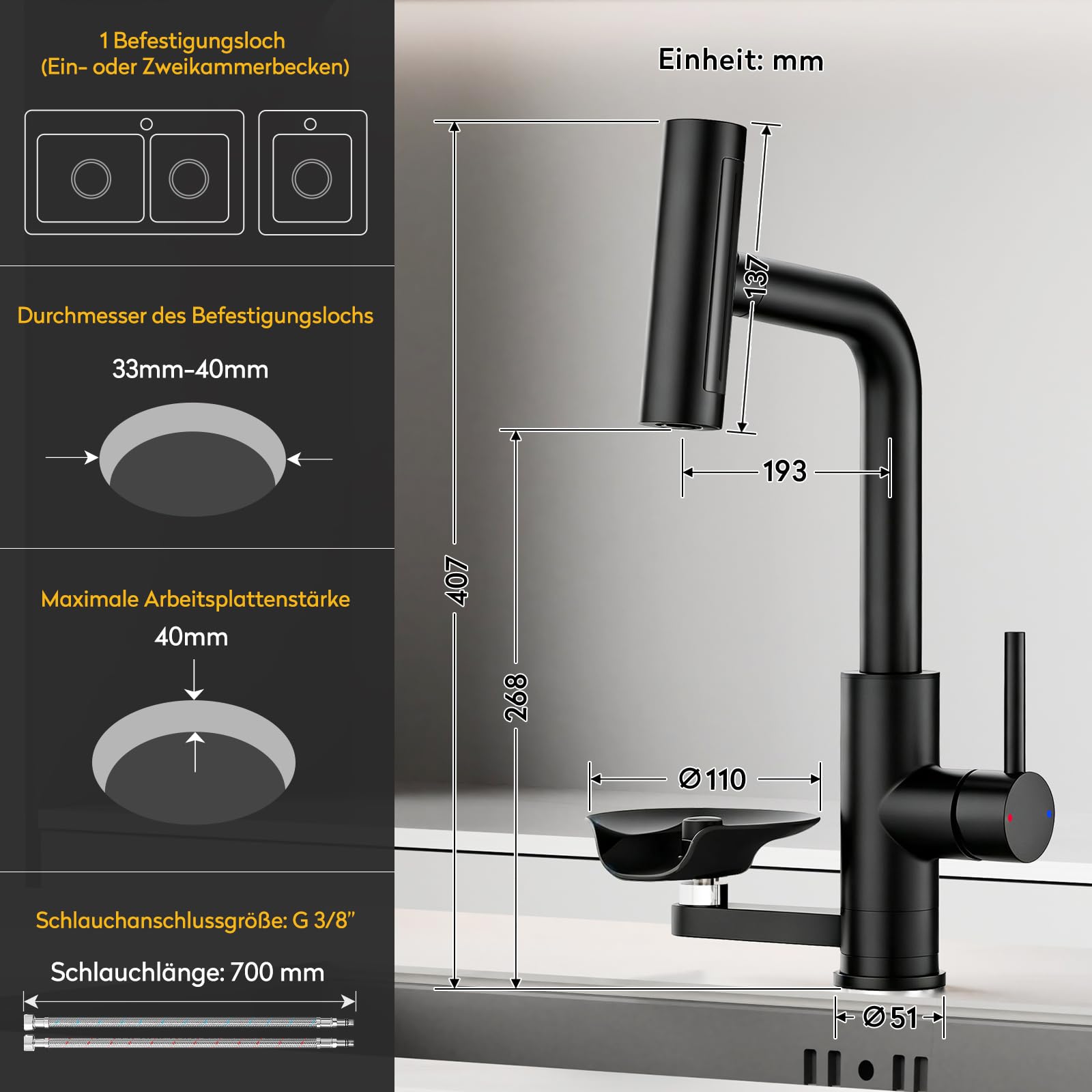 HANLIAN Schwarz Wasserfall Wasserhahn Küche Ausziehbar mit Glasspüler