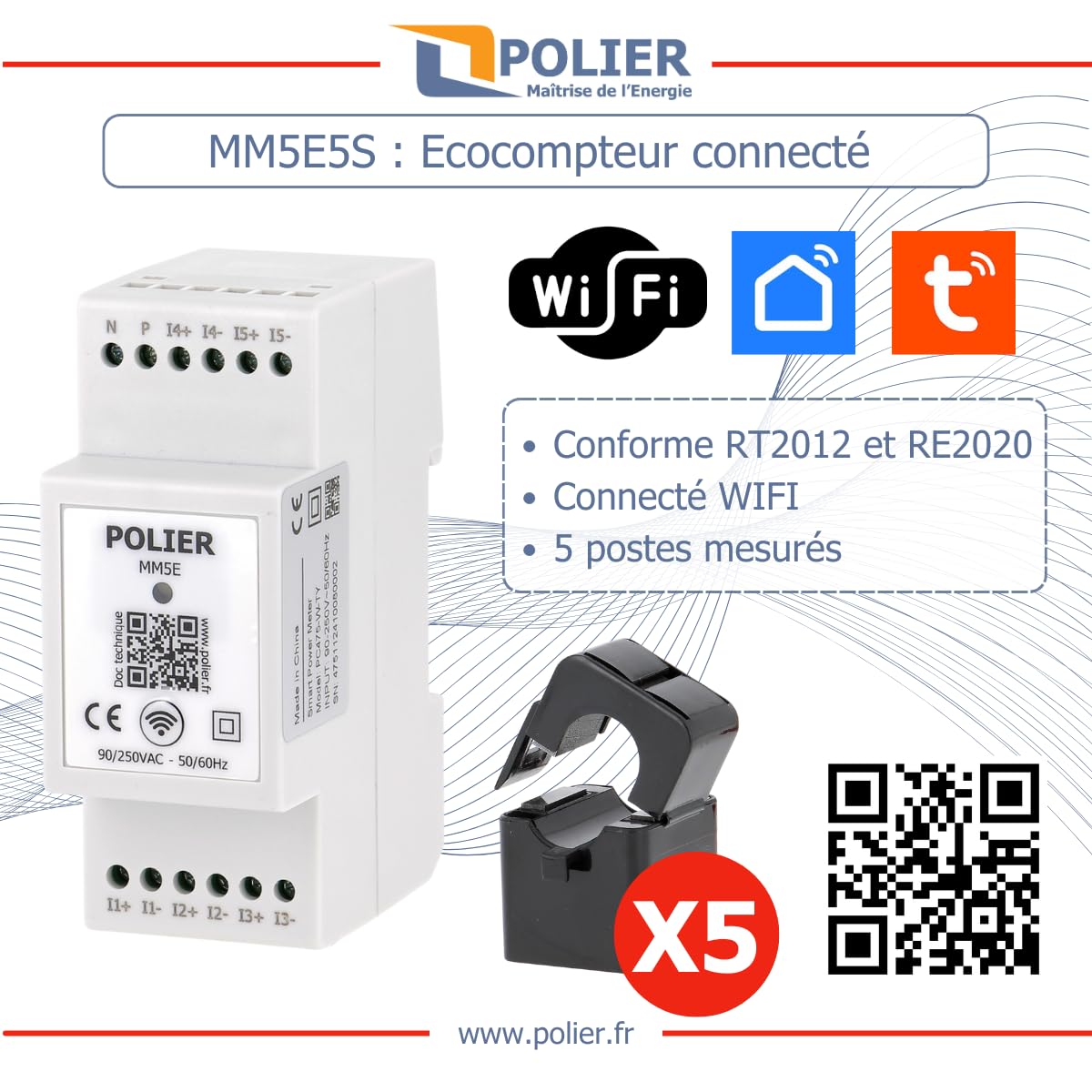 POLIER MM5E5C : Ecocompteur Mono WIFI 5 postes - RE2020-5 TC ouvrants