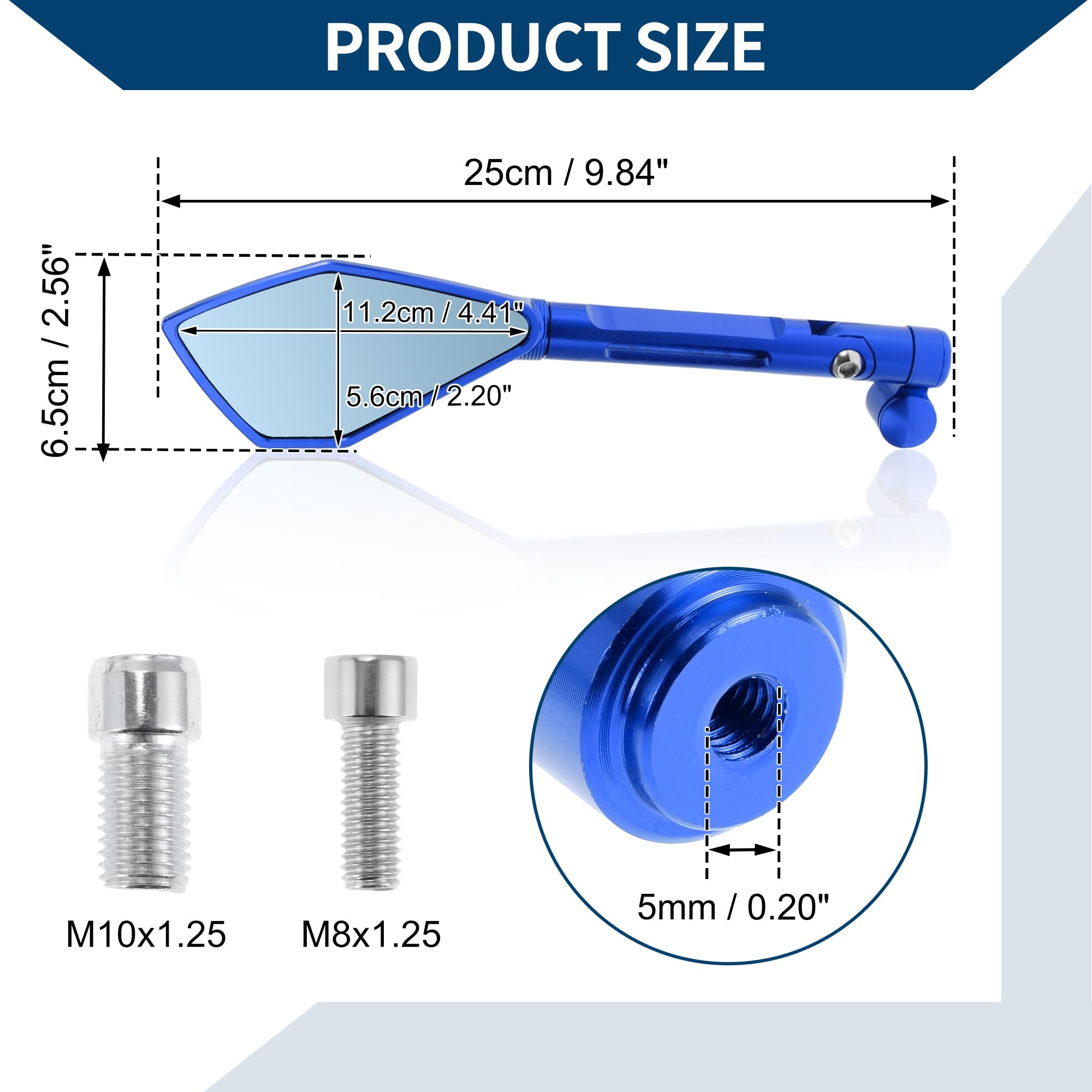 Specchietti Retrovisori Laterali Regolabili per Moto 1 Set Blu | Colore Blu, Lega Alluminio, 11.2x5.6cm, M8/M10, Per Yamaha, Per Kawasaki, Per Honda Shadow, Regolabili 360°