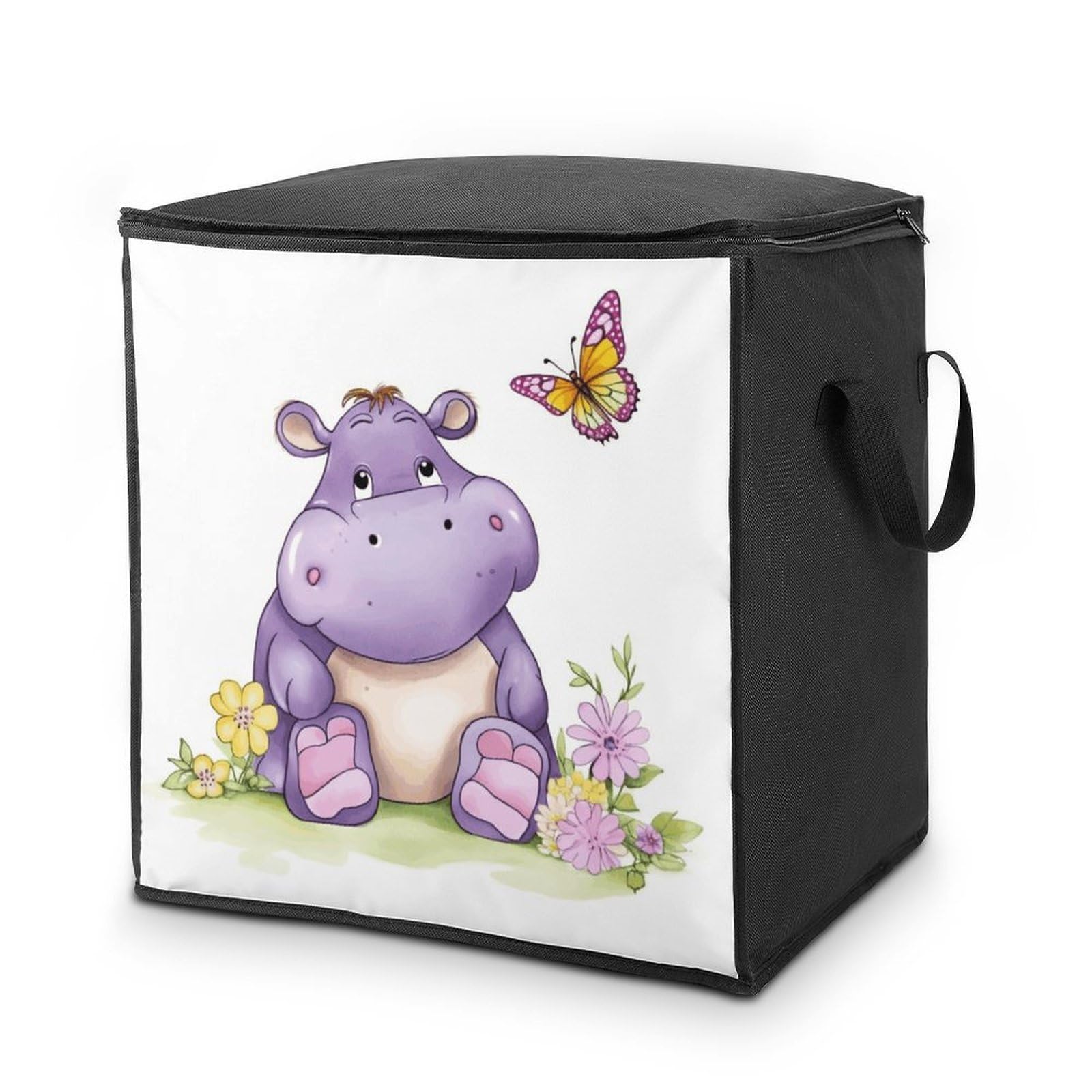 Butterfly And Hippo Storage Bag with Zippers And Handle Extra Large Bedding Comforter Storage Bag Foldable Blanket Storage Bags Fabric Moving Bags for Closet Organizer (70L)