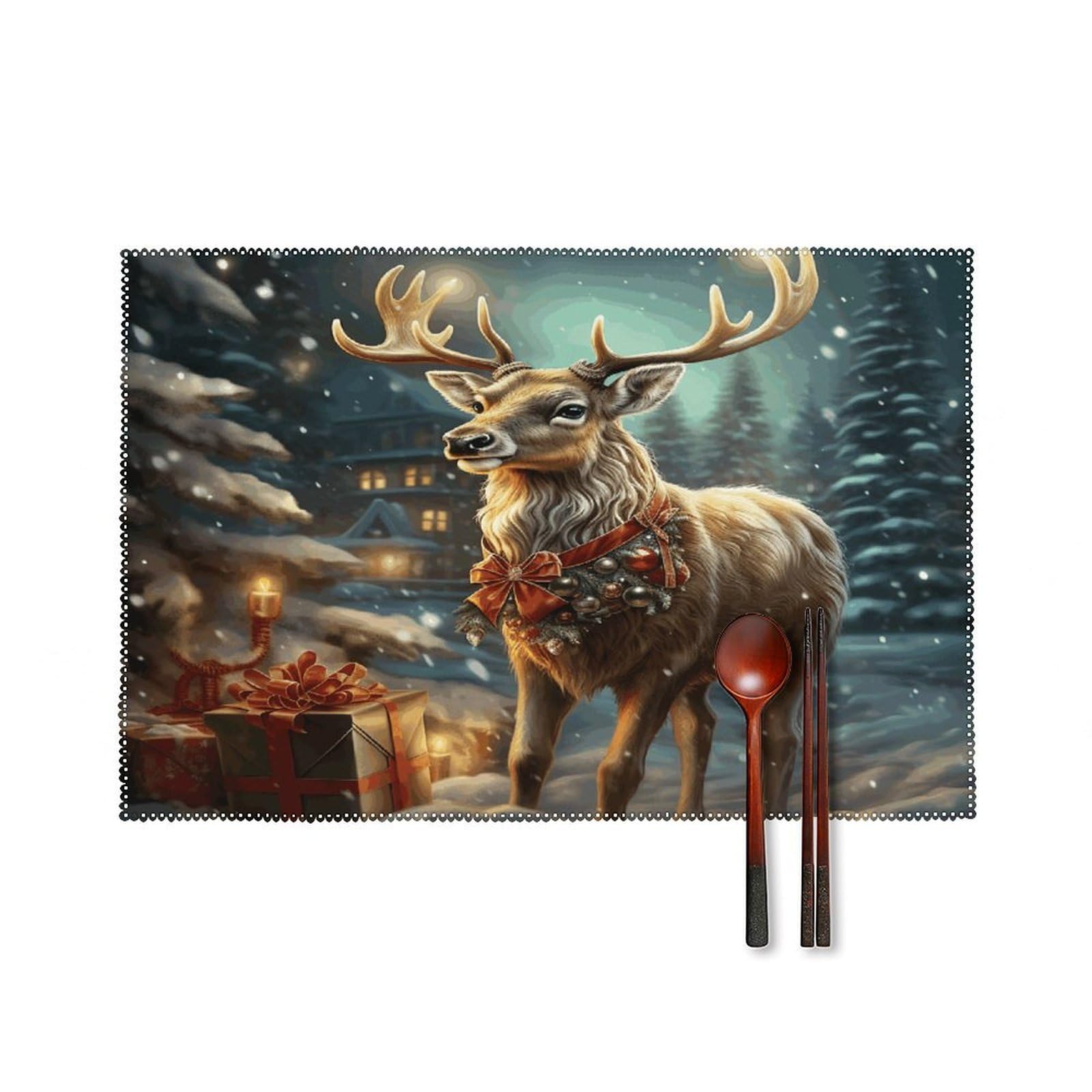 Reindeer Placemats Set of 4 Canvas Washable Cloth Place Mats Wipeable Heat Resistant Table Mats Elegant Cloth Placemat for Kitchen Dinning Party Table Decor 12" X 18"