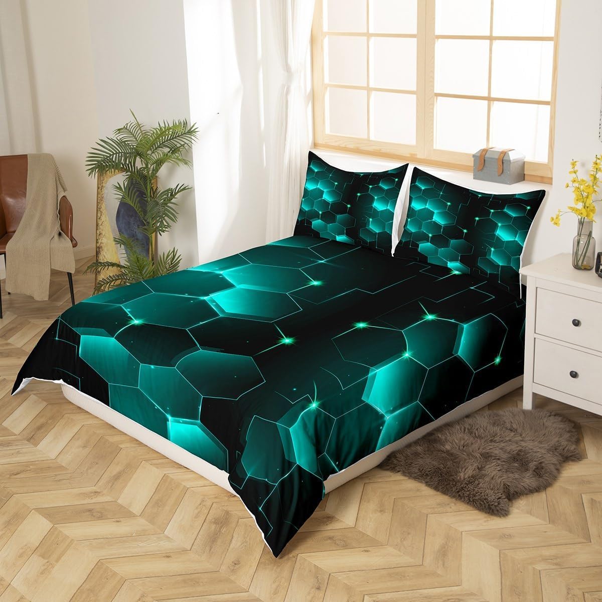 Homemissing Single Black Honeycomb Steel Bedding Set Children's and Preschool Honeycomb Hexagonal Comforter Cover Set Fluorescent Green Duvet Cover Honeycomb Geometric Set Comforter Cover Set Durable - Image 3