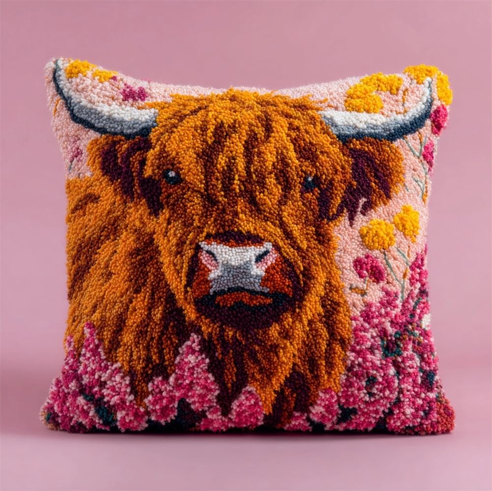 kitphoenix Latch Hook Kits for Adults Beginners Highland Cow and Flowers