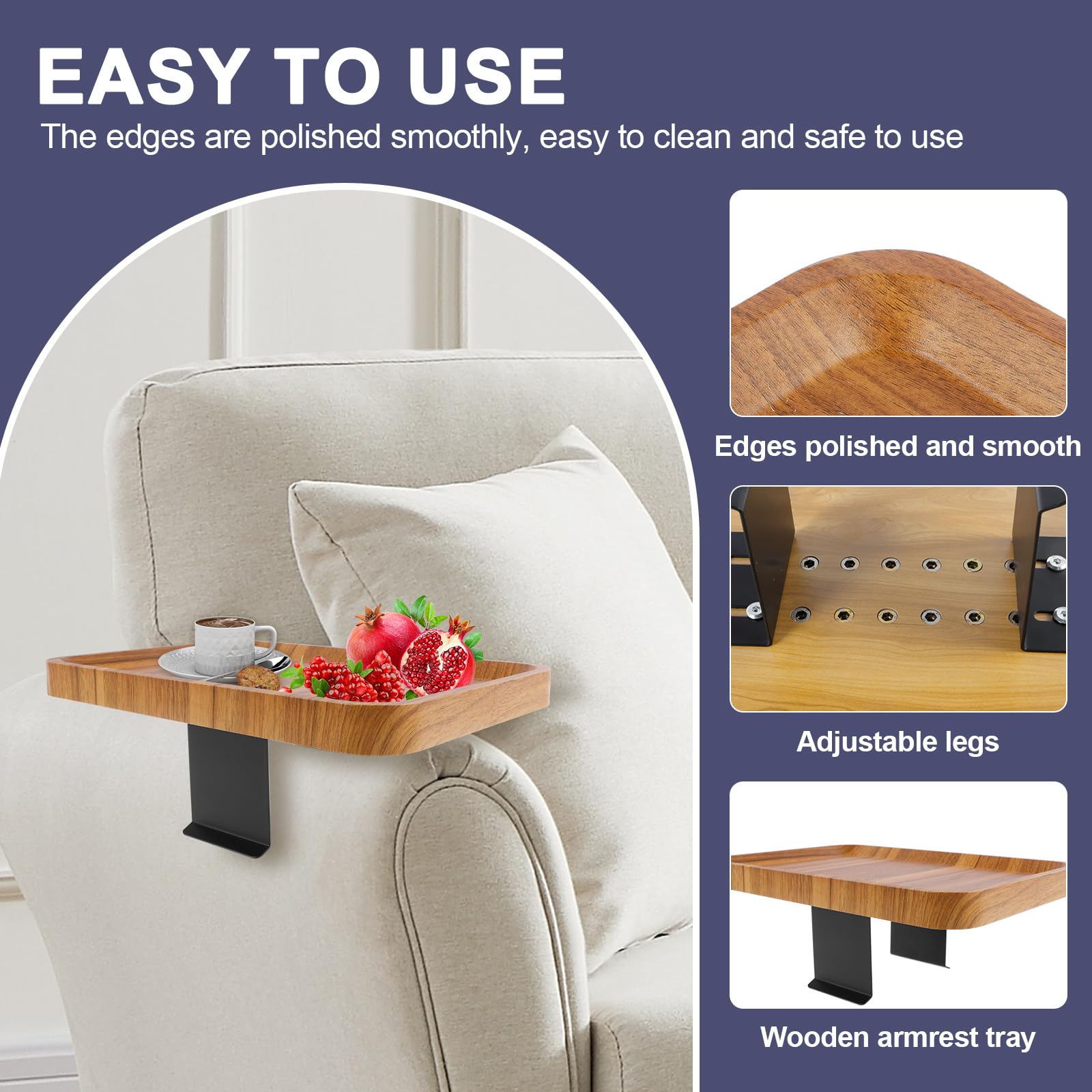 Mesa ajustable para reposabrazos de sofá, 5,5-15 cm de ancho, mesa auxiliar multifuncional de madera, organizador de reposabrazos para bebidas y aperitivos, esencial para la sala de estar