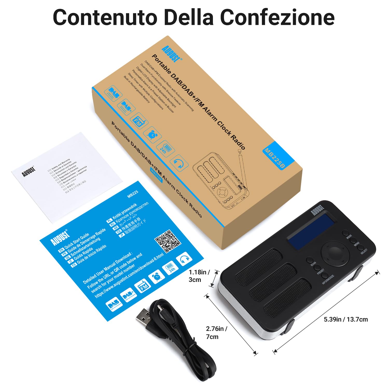 August MB225 Radio Portatile DAB DAB+ FM, Radio Digitale a Batteria con Dual Radiosveglia, Radiolina Portatile Ricaricabile con 40 Preselezioni, RDS, 20 Ore, Stereo/Mono, Presa per Cuffie - Nero