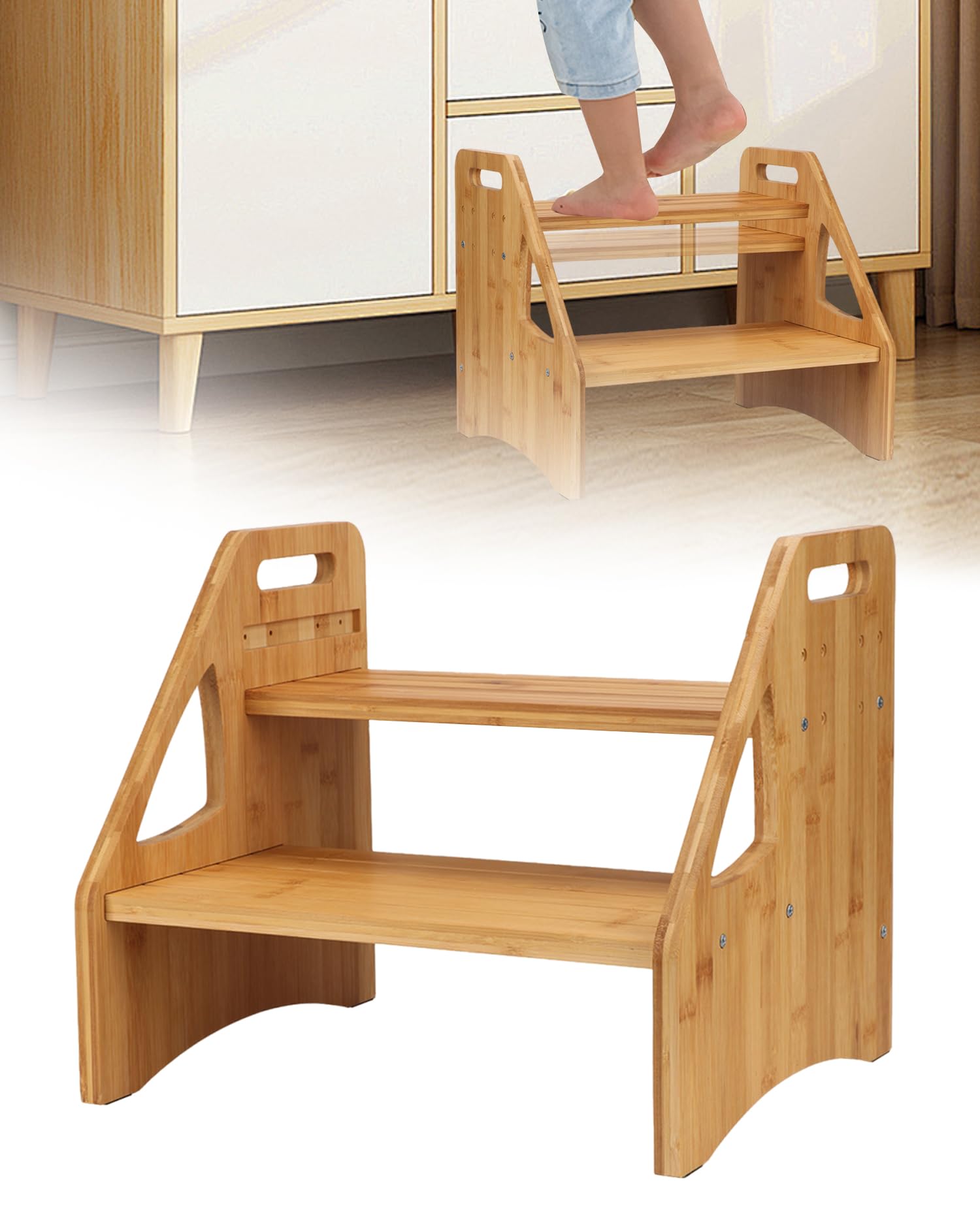 Tefola Escalera 2 Peldaños, Baño Escalon, Altura del Suelo Ajustable Escalon Peldaño, Soporta 300 Libras Escalera Madera, Taburete Escalera con asa Portátil