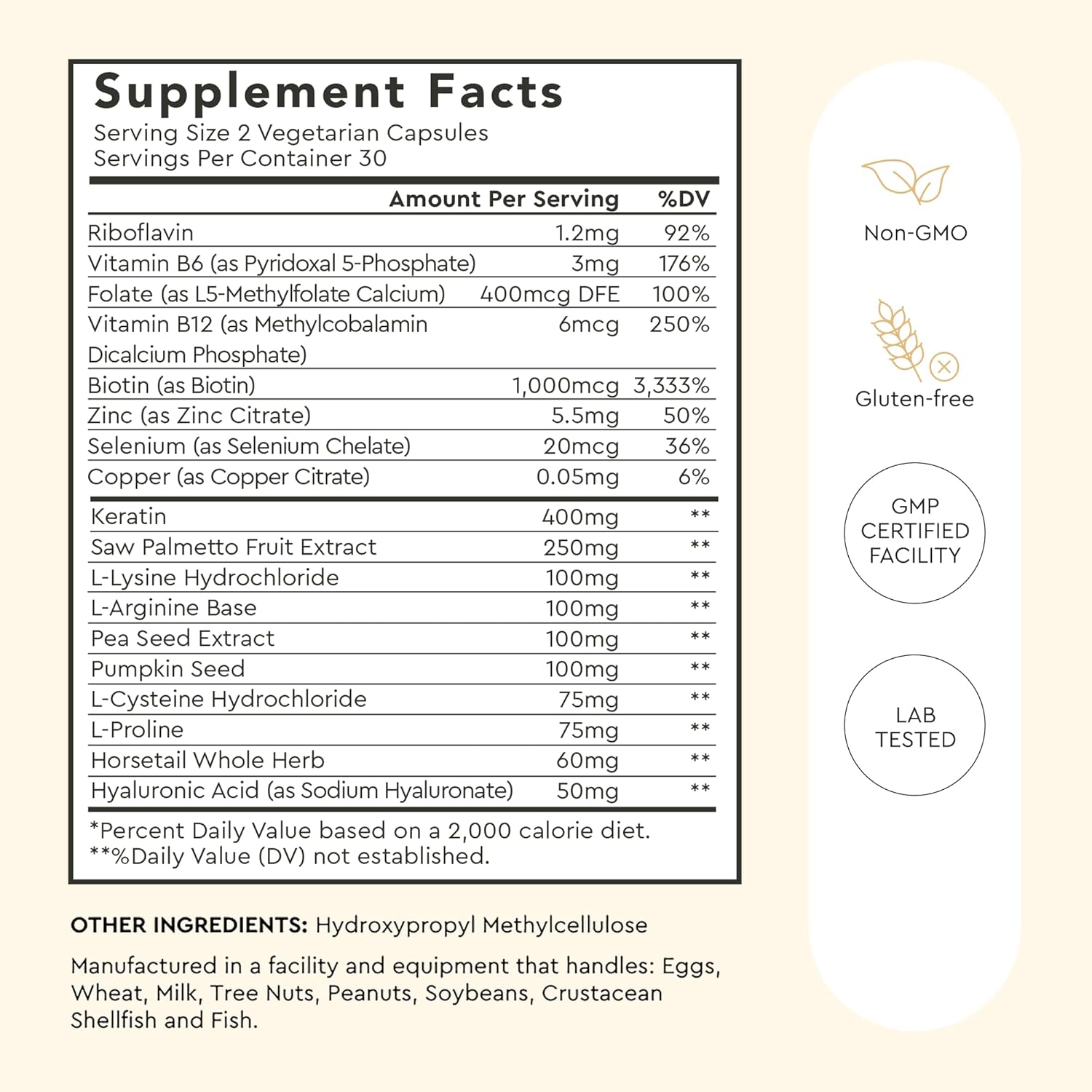 Alaya Hair Essentials - Hair Supplement with Biotin, Keratin, Folic Acid, Vitamin B12, B6 - Lab Tested - Gluten Free - 30 Day Supply