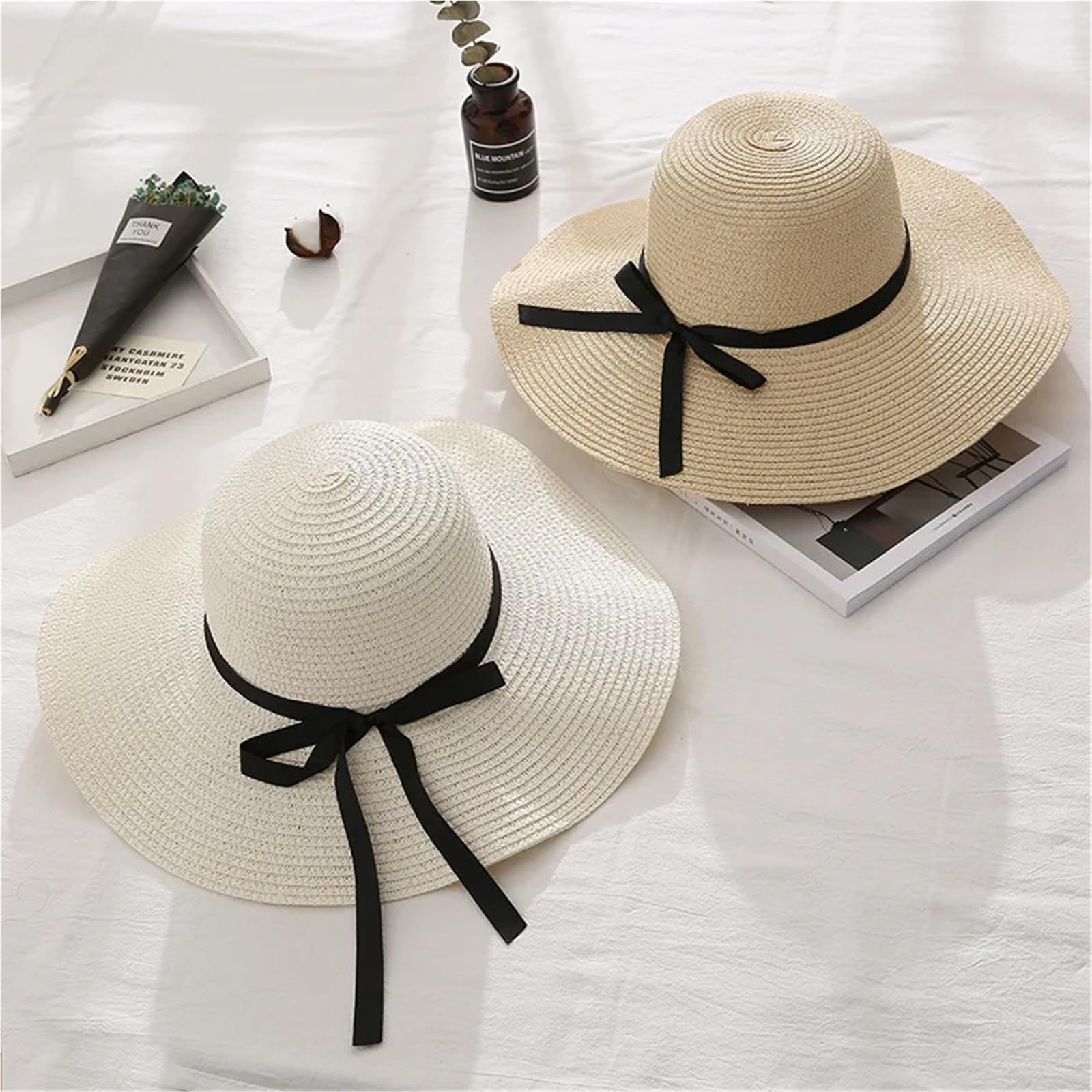 Sombrero Paja 1 Uds. Sombrero de Paja ala Ancha Verano a la Moda diseño Lazo Plegable Sol Playa for Mujer Estilo Coreano Accesorio Vacaciones Hecho a Mano | Beige