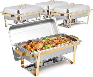 SUPER DEAL 4 Pack 8QT Food Warmer, Rectangular Chafing Dish Buffet Set w/Foldable Frame Legs, Stainless Steel Full Size Chafer Dish for Parties, Gold