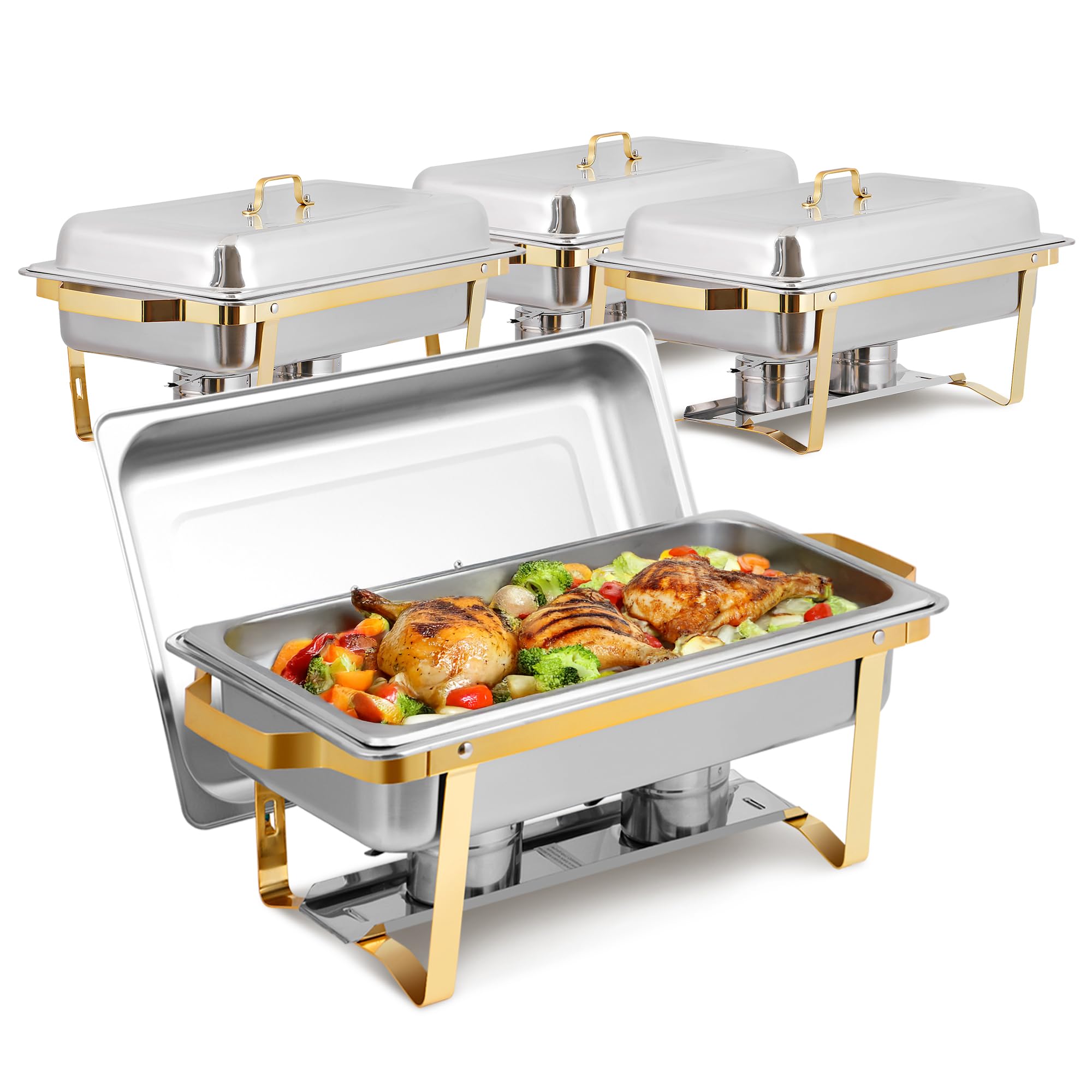 SUPER DEAL 4 Pack 8QT Food Warmer, Rectangular Chafing Dish Buffet Set w/Foldable Frame Legs, Stainless Steel Full Size Chafer Dish for Parties, Gold