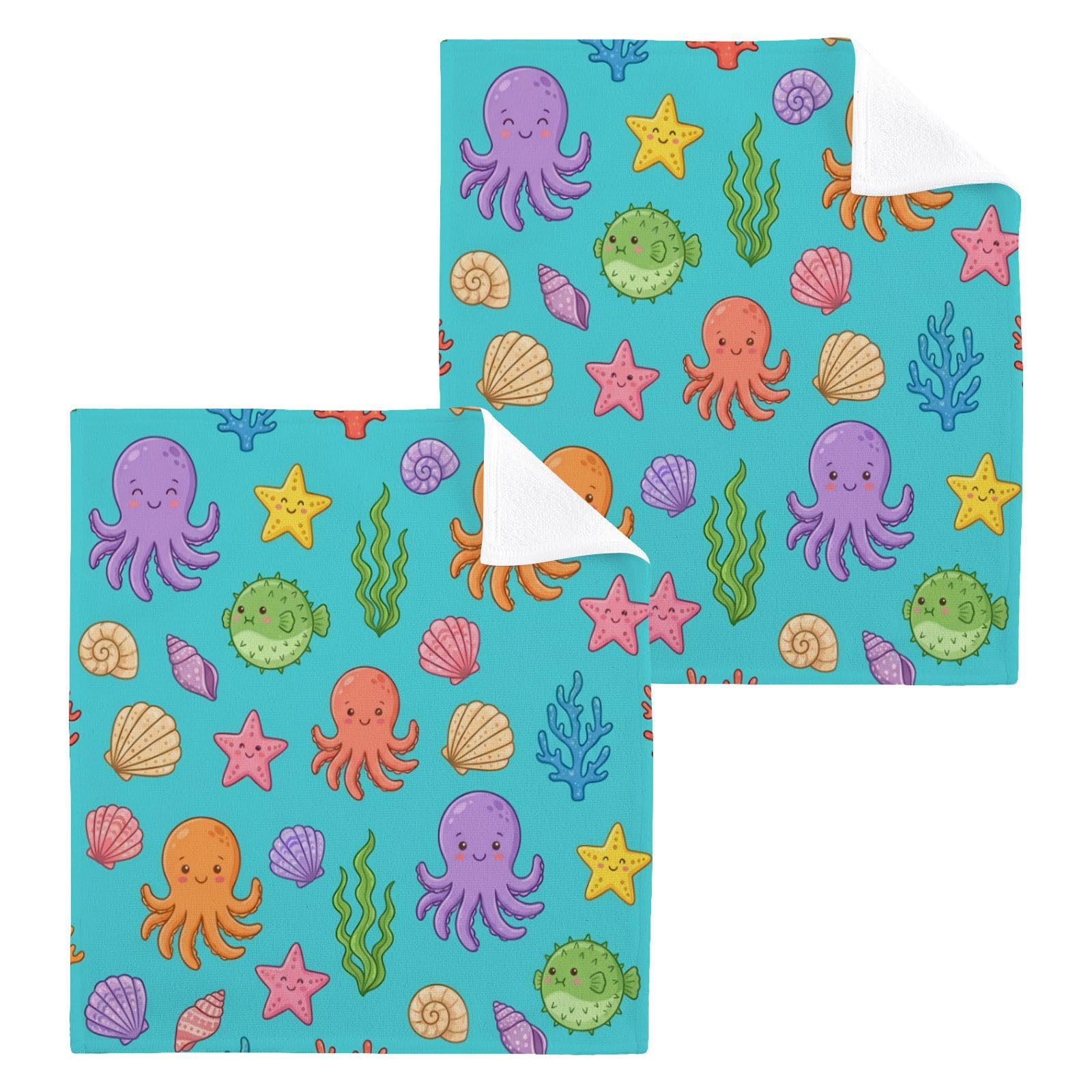 BOESI Cute Underwater Creatures 12x12in Cotton Washcloth,Face Towel