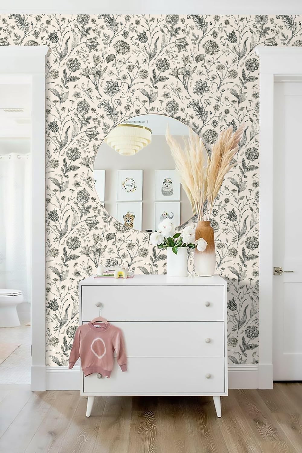 Black and Beige Peel and Stick Wallpaper Botanical Contact Paper 16.9inch x 393.7nch Floral Wall Paper Peel and Stick for Bathroom Bedroom Removable Self Adhesive Wallpaper Decor Vinyl