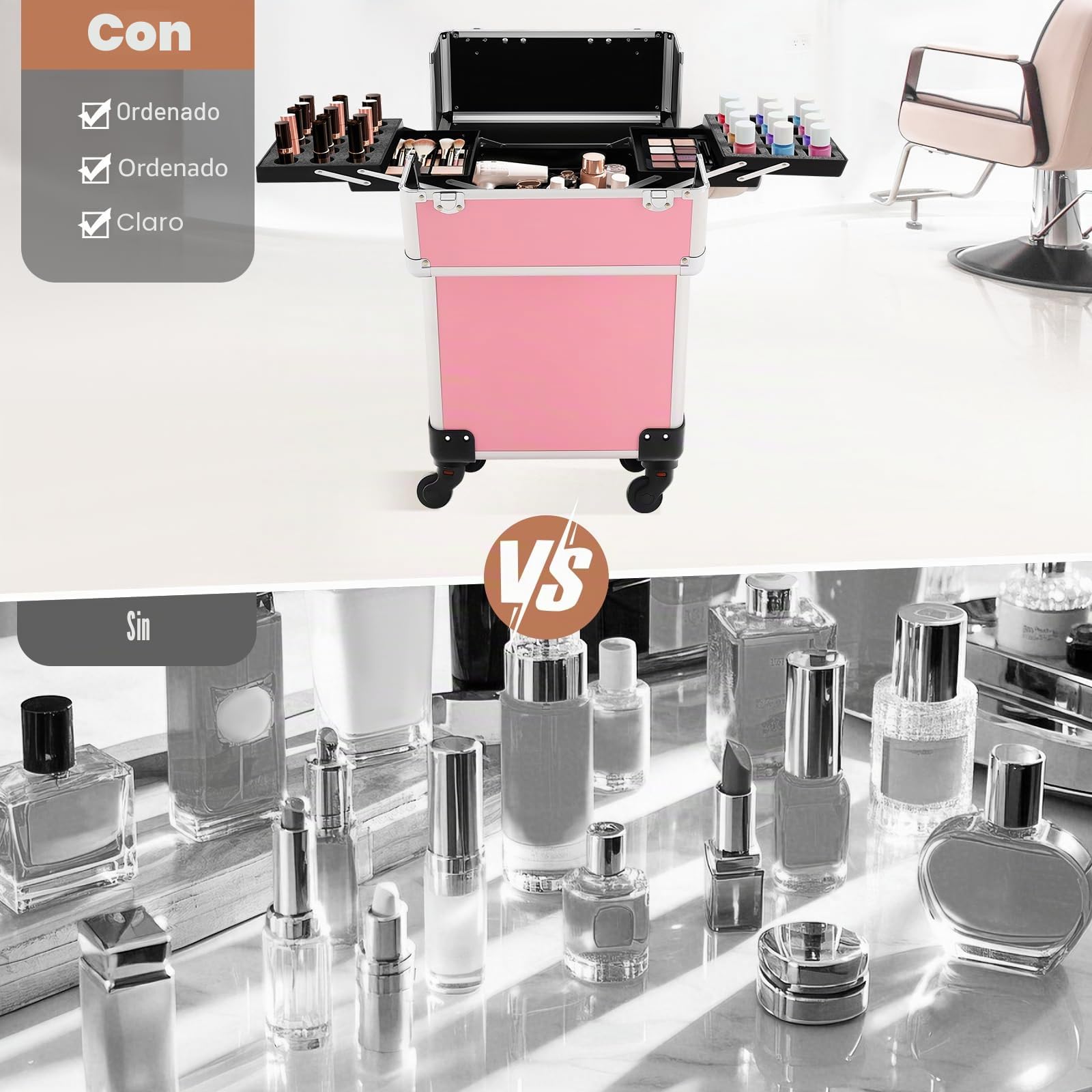 Estuche de maquillaje portátil con ruedas, maletín cosmético profesional con ruedas, estuche de peluquería de aluminio para viaje, color rosa