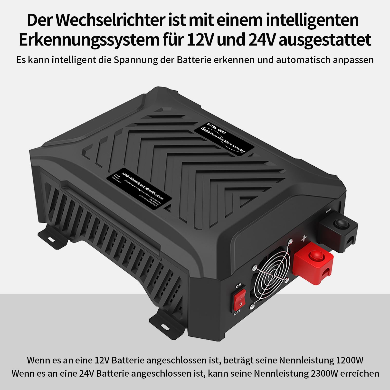 DATOUBOSS Pur Sinus Onduleur 12V/24V vers 220V 230V Convertisseur Universel Double Tension 1200W/2300W avec système de détection Intelligent Puissance de crête 2000W/4000W, Transformateur avec LCD