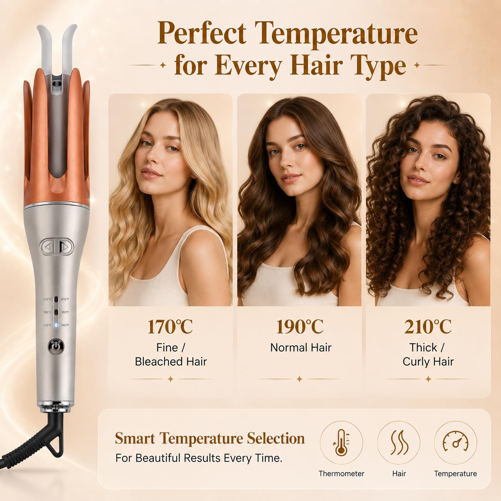 Rizador automático con revestimiento cerámico, 3 niveles de temperatura, 25 mm | Rizador de pelo giratorio automático, 170 – 210 °C, calentamiento rápido – Rizador autorotativo para rizos