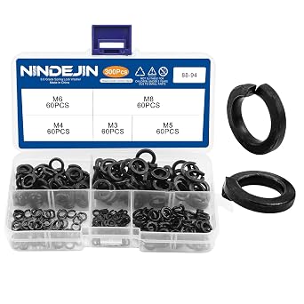 NINDEJIN 300 Pcs Spring Lock Washers Assortment Kit, M3 M4 M5 M6 M8 Black Zinc Plated Carbon Steel Split Lock Washer Set, Spring-Loaded Circular Split Washers for Prevent Fasteners Loosening