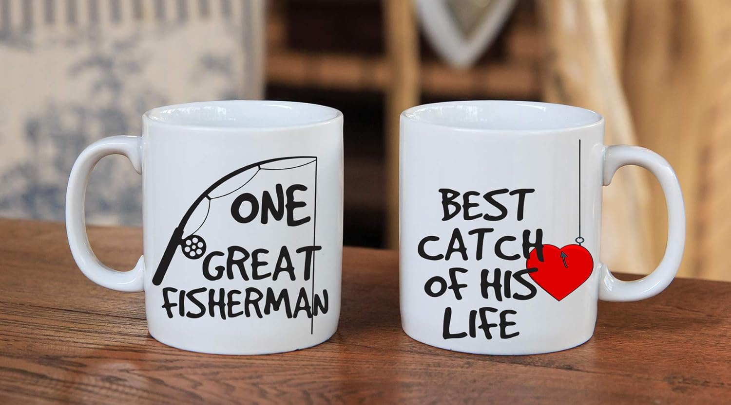 AW Fashions One Great Fisherman, Best Catch Of His Life Couples Mug - Funny Couple Mug - (2) 11OZ Coffee Mug - Funny Mug Gift Set - Mugs For Husband and Wife - Him And Her Gifts - Image 2