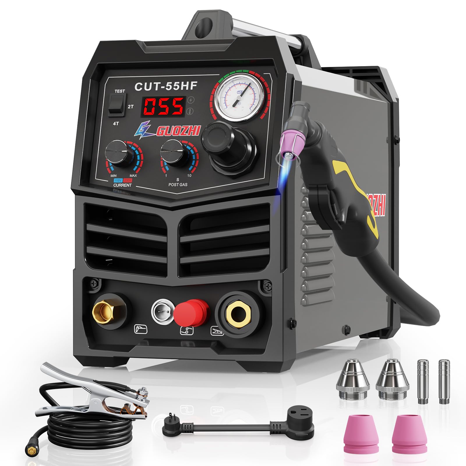 GZ GUOZHI Plasma Cutter Machine, 55Amp Non-Touch Pilot Arc, Dual Voltage 110V/220V with US Connector, LCD Display IGBT Inverter Plasma Cutter, 1/2" Clean Cut