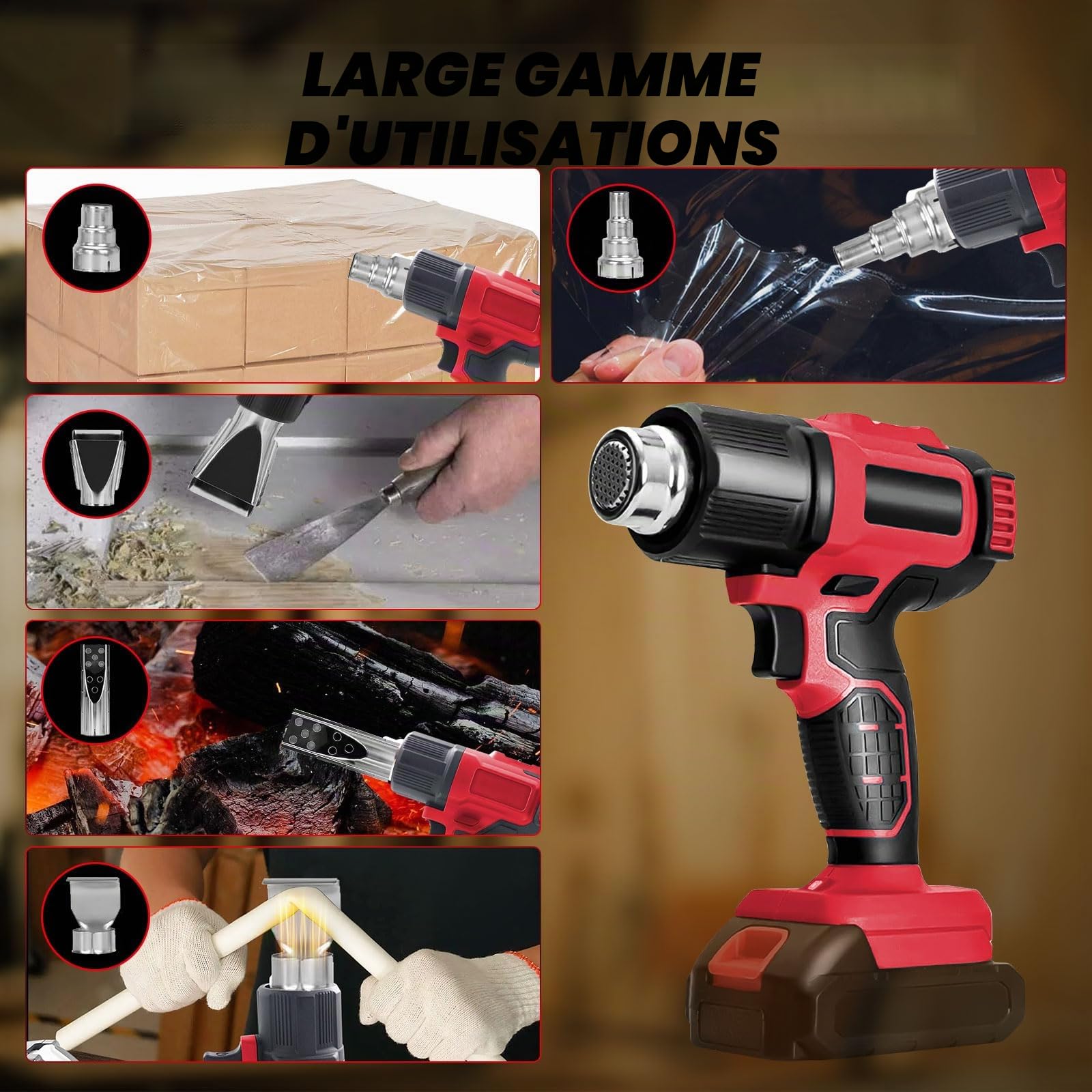 Pistolet thermique sans fil pour batterie Milwaukee 18 V Li-Ion avec 5 embouts de buse, pistolet thermique 400 W 500 °C pour travaux manuels, gaine thermorétractable, résine et décoration (sans