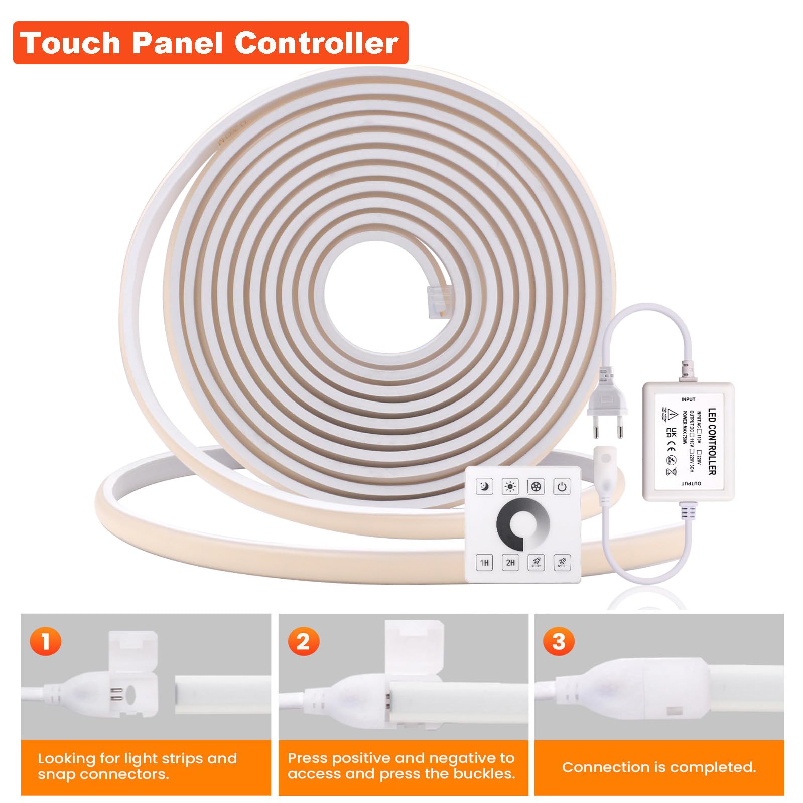 XUNATA Regulable Tiras de Neón COB de Silicona Flexible con Panel Táctil Controlador 750W, IP65 Impermeable LED Luz de Cuerda (11m, Blanco Natural)