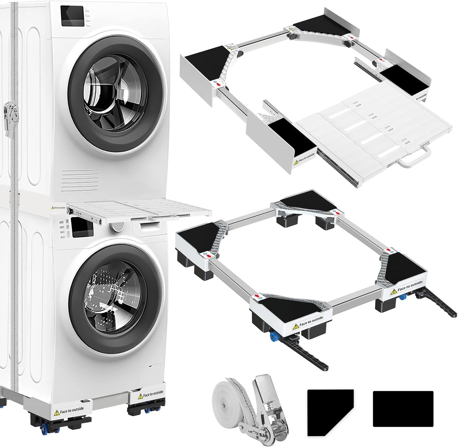 Universal Stacking and Movable Base for Tumble Dryer and Washing Machine, Adjustable Size with Ratchet Rope and Pull-Out Baskets for Washing Machines and Dryers to Save Space