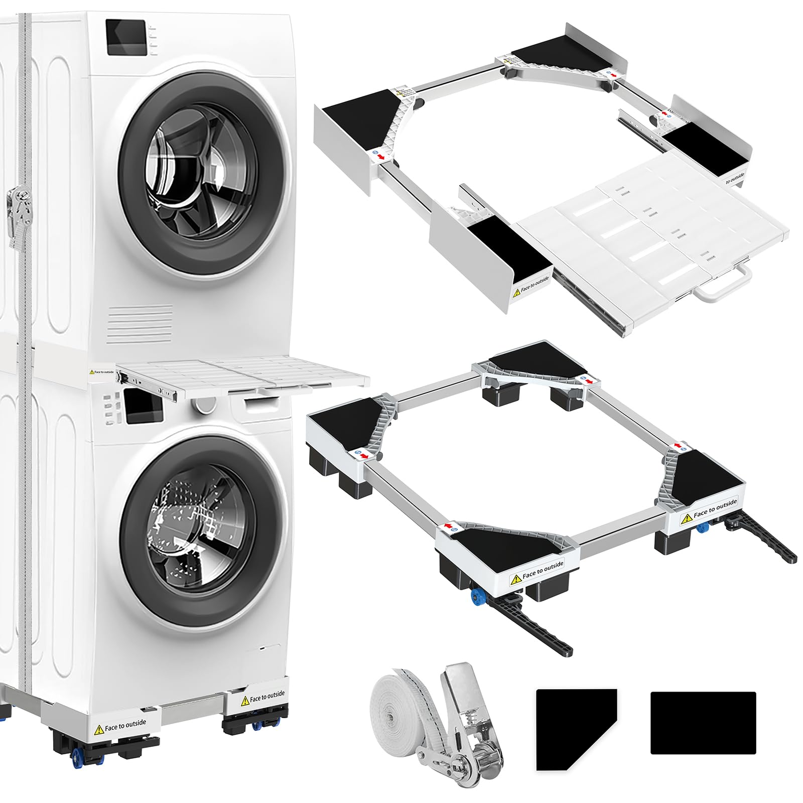 Universal Stacking and Movable Base for Tumble Dryer and Washing Machine, Adjustable Size with Ratchet Rope and Pull-Out Baskets for Washing Machines and Dryers to Save Space