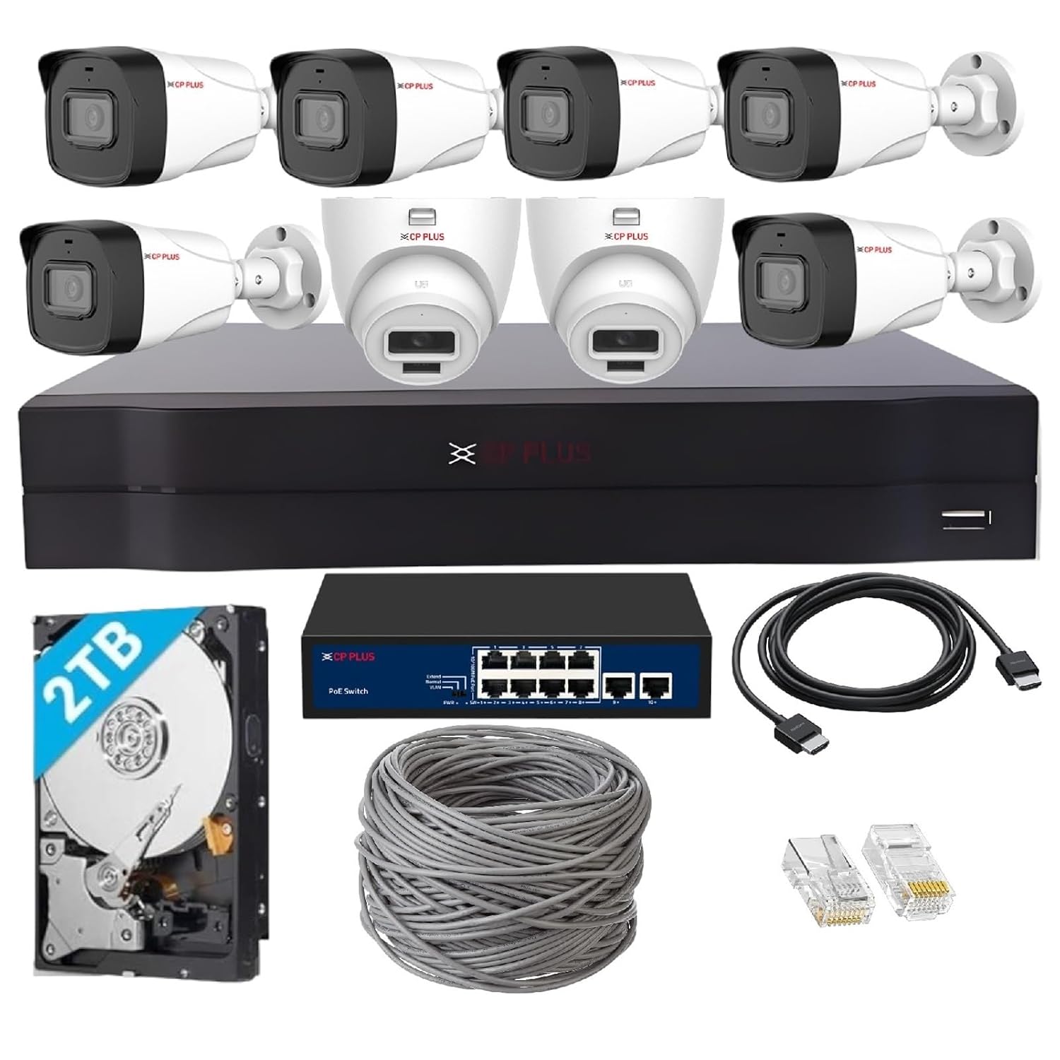CP PLUS 8 Channel Full HD NVR with 6X Outdoor and 2X Indoor 2 MP Built-in Audio Mic Wired IP CCTV Cameras, Motion Detectio...