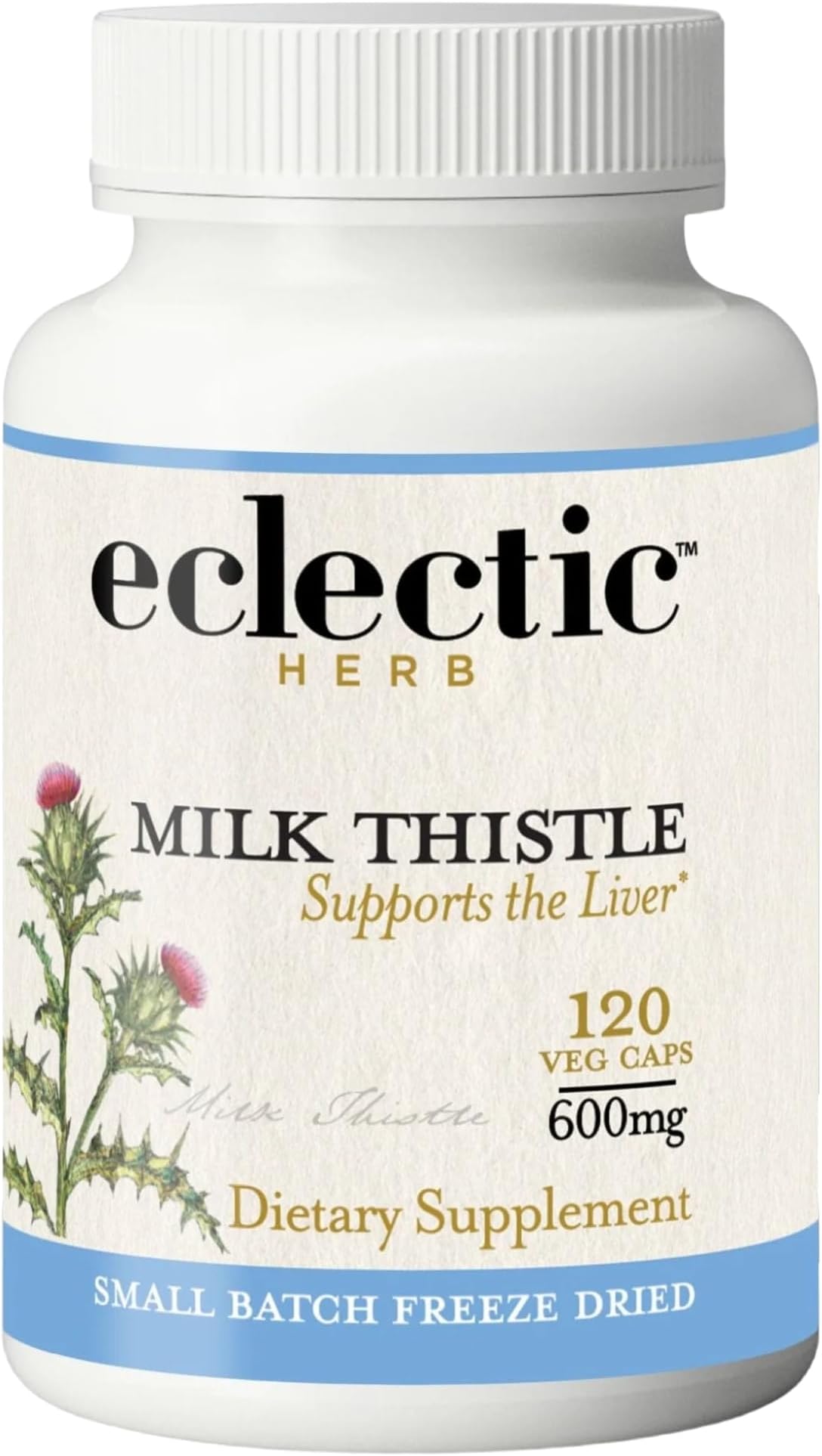 Eclectic Herb - Premium Freeze Dried Milk Thistle Capsules | Silymarin Supplement | Liver Support, Detox, Cleanse + Maintain | Vegan, Natural, Non-GMO, Gluten Free (120 CT | 600 mg)