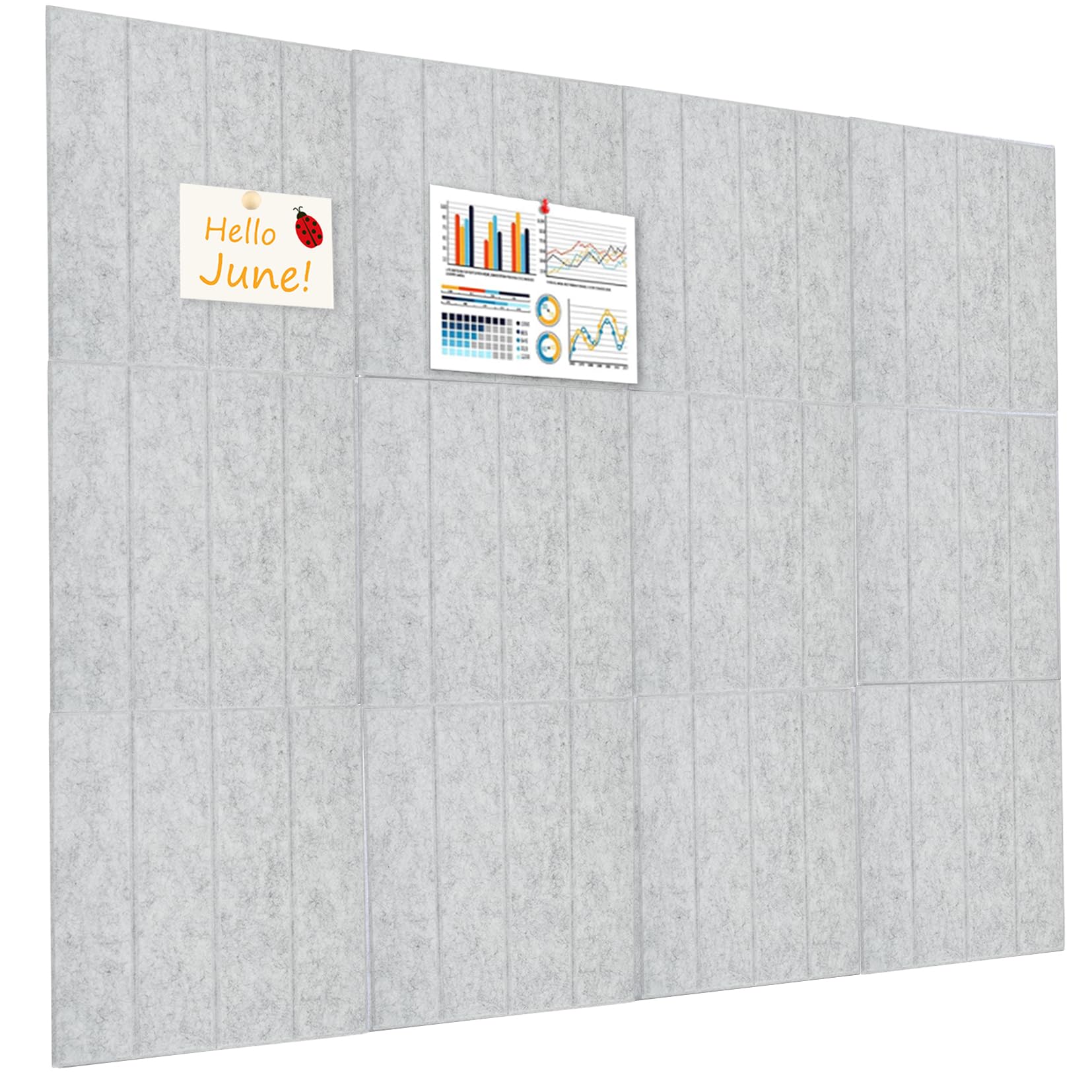 Okydoky Große Filz Pinnwand, Selbstklebend Pinnwände, 120x90cm,12 Stück, 30x30cm Vertikale Streifen Filz-Pinnwände für Home Büro Klassenzimmer Wanddekoration,hellgrau (GY-3030, 12pc).DE