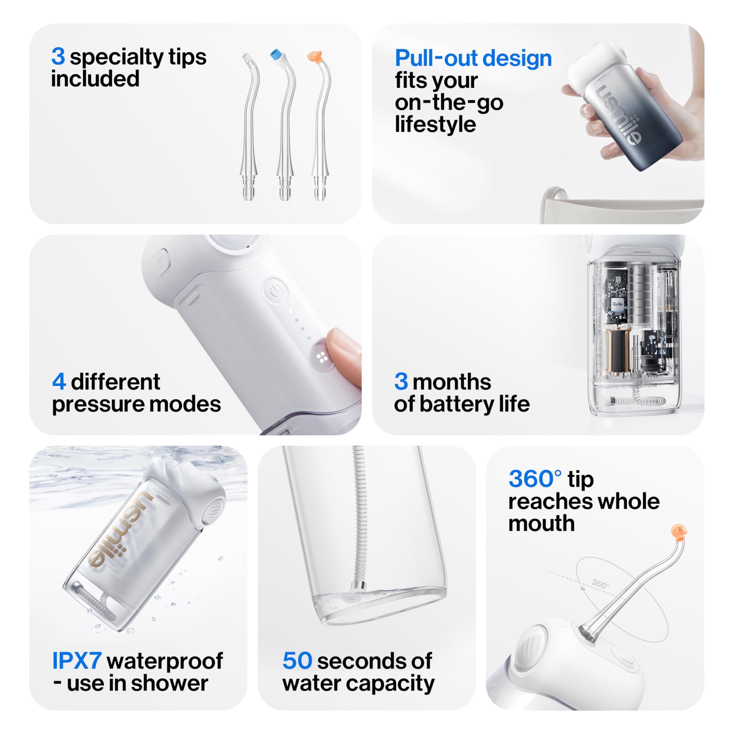 usmile C10 Portable Water Flosser – Travel-Friendly, 95-Day Battery, 4 Modes, 360° Nozzle, 180ml Tank, IPX7 Waterproof, Dentist-Recommended for Braces, Implants & Sensitive Gums (): Black