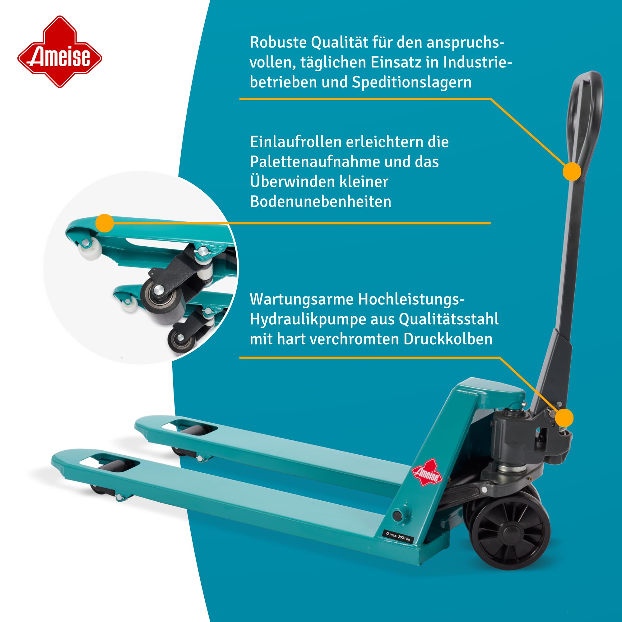 Ameise Hubwagen PTM | 2.000 kg Tragkraft | 1.150 mm Gabellänge | Lenkrad/Gabelrolle aus robustem Polyurethan | Einfach-Gabelrollen | Palettenhubwagen
