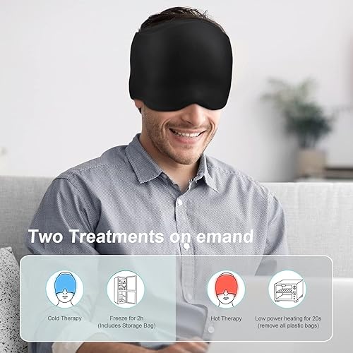 Miniatura 6 de Gorro para aliviar la migraña, para migraña, tensión, senos nasales y estrés, compresa fría con terapia de frío y calor, negro, gel, reutilizable,