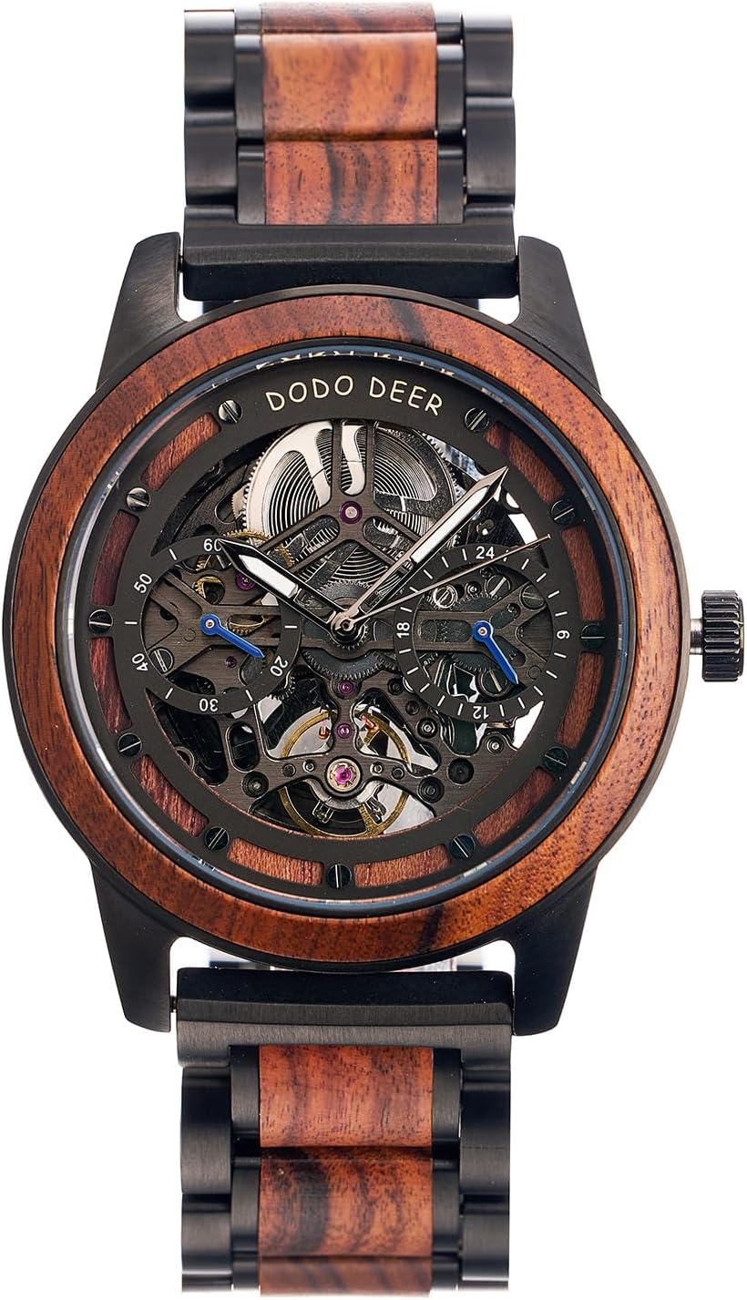 Men's Automatic Skeleton Wooden Watch, Tiger Wood Pattern with Adjustable Strap, Mechanical Handwind Movement, Gift for Men (Wooden Box)