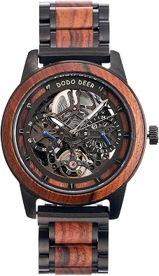 Mens Automatic Skeleton Wooden Watch, Tiger Wood Pattern with Adjustable Strap, Mechanical Handwind Movement, Gift for Men Wooden Box