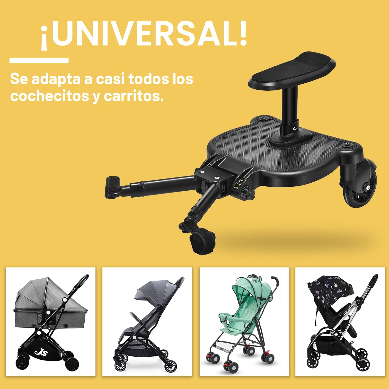 Vihir Mini Buggy Board con asiento Cochecito para el Segundo niño, Pedal Auxiliar Conector extraíble Asiento, Accesorio para niños de 2 a 6 años (25 kg), Viene con 2 Ganchos para Cochecito