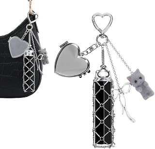 LuneClat Lip Balm Keychain with Mirror - Silver Stainless Steel Mesh Gray Cat Bowknot Bag Key Chain Pendant, Lipbalm Keychains Lipstick Storage Case for Women, Stylish Charm for Keys Bags & Purses