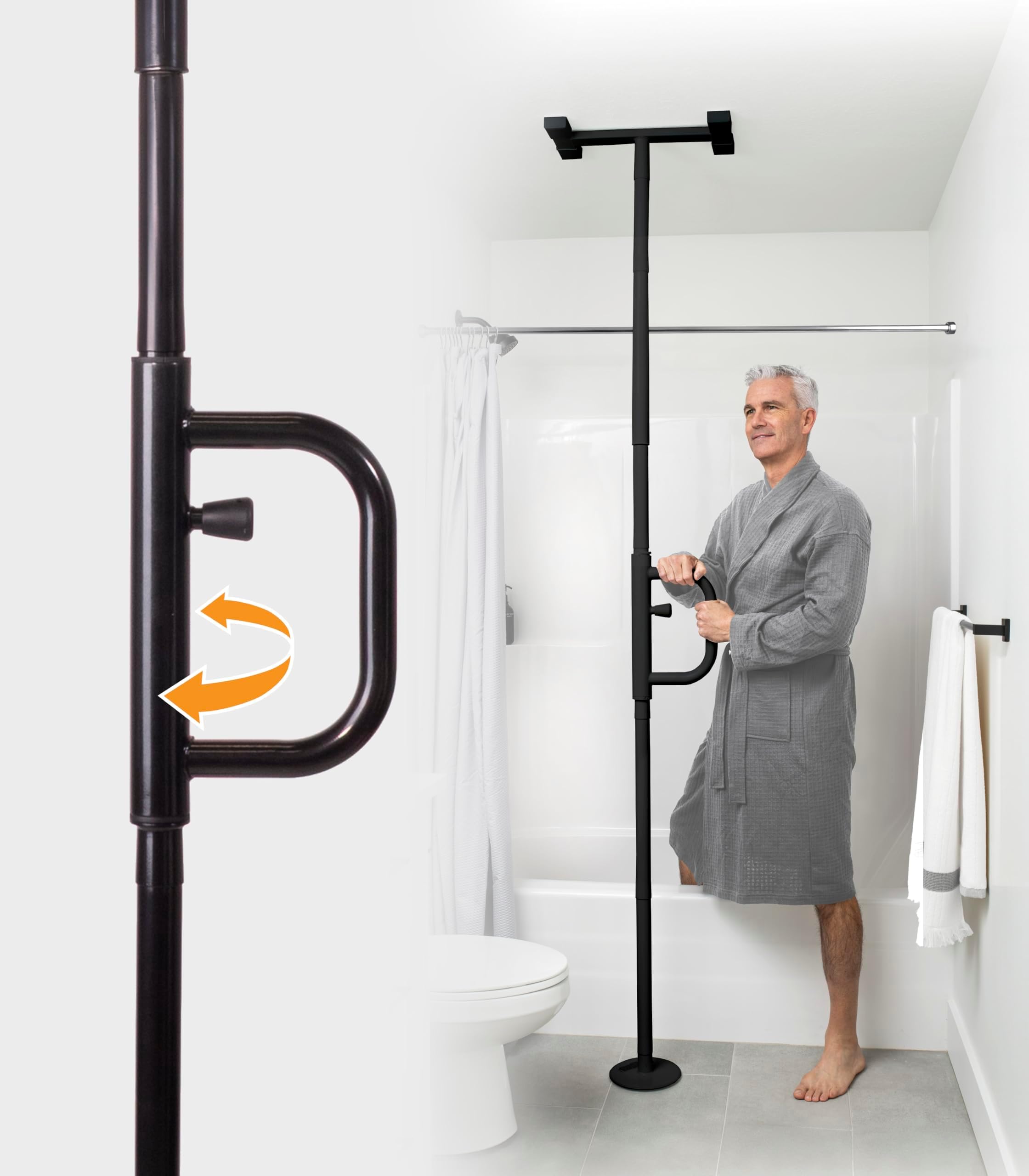 Stander Security Pole and Curve Grab Bar, Elderly Tension Mounted Floor to Ceiling Transfer Pole, Bathroom Safety Assist and Stability Rail, Metallic Black (Eligible for VAT Relief in the UK)