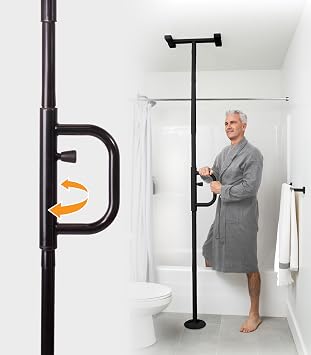 Stander Security Pole and Curve Grab Bar, Elderly Tension Mounted Floor to Ceiling Transfer Pole, Bathroom Safety Assist and Stability Rail, Metallic Black