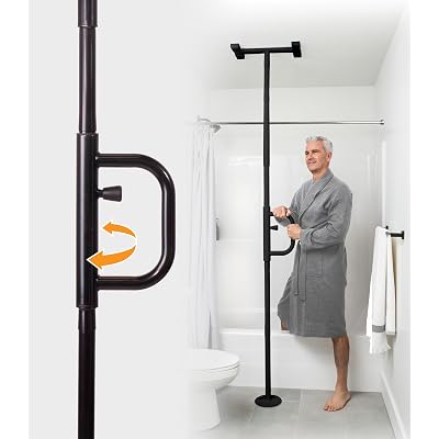 Stander Security Pole and Curve Grab Bar, Elderly Tension Mounted Floor to Ceiling Transfer Pole, Bathroom Safety Assist and Stability Rail, Metallic Black