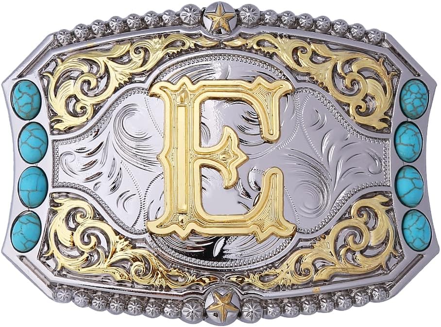 Btilasif Turquoise Belt Buckle Western Cowboy Rodeo Initial Letters ABCDEFG to Z Belt Buckle for Men